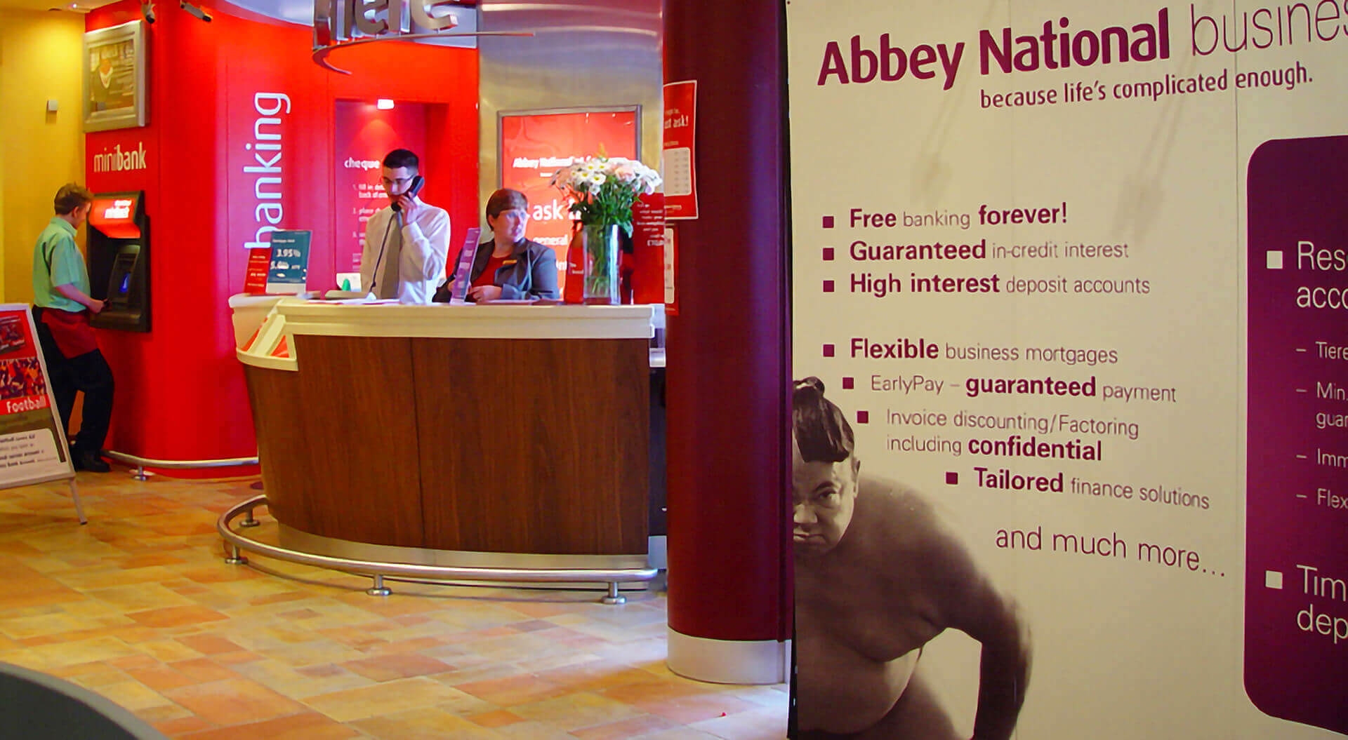 Abbey supermarket mini bank branch rebrand and interior design. Reception and mini-bank ATM self-service 