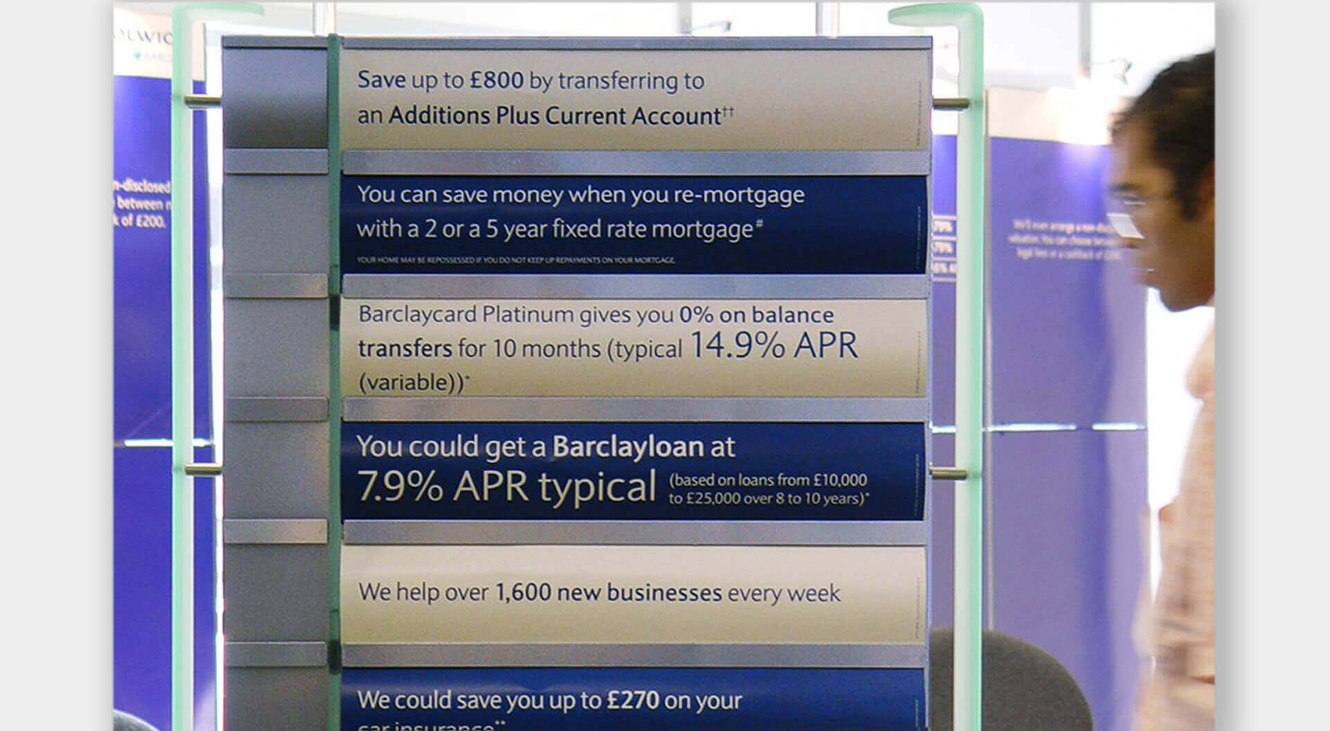Barclays Bank Information board advertising rates and services