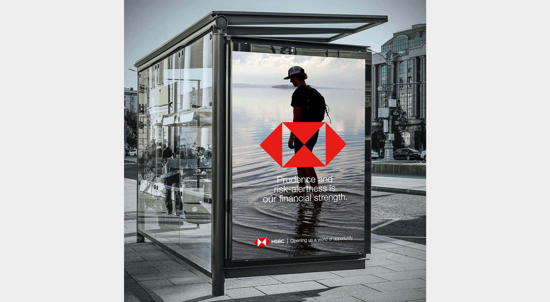 HSBC Bank Advertising design bus stop. Message, “Prudence and risk-alertness is our financial strength” - logo design - strapline “Opening up a world of opportunity”