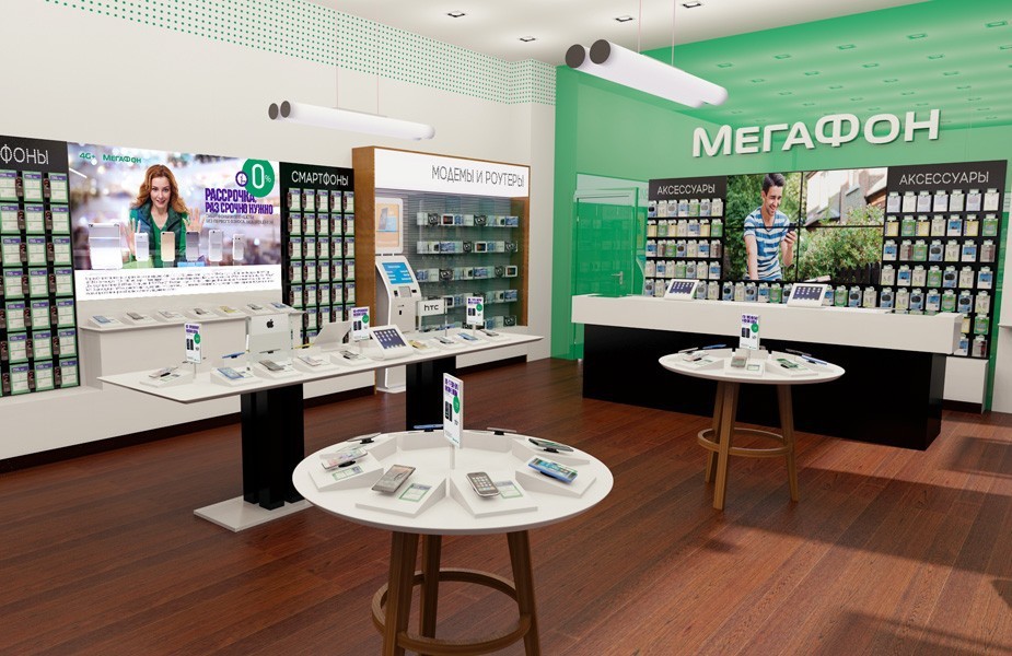 MegaFon telecoms and technology new store cash and accessories desk design Russia