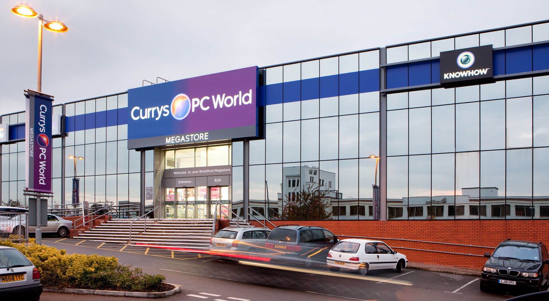 Currys PC World corporate identity Megastore warehouse entrance