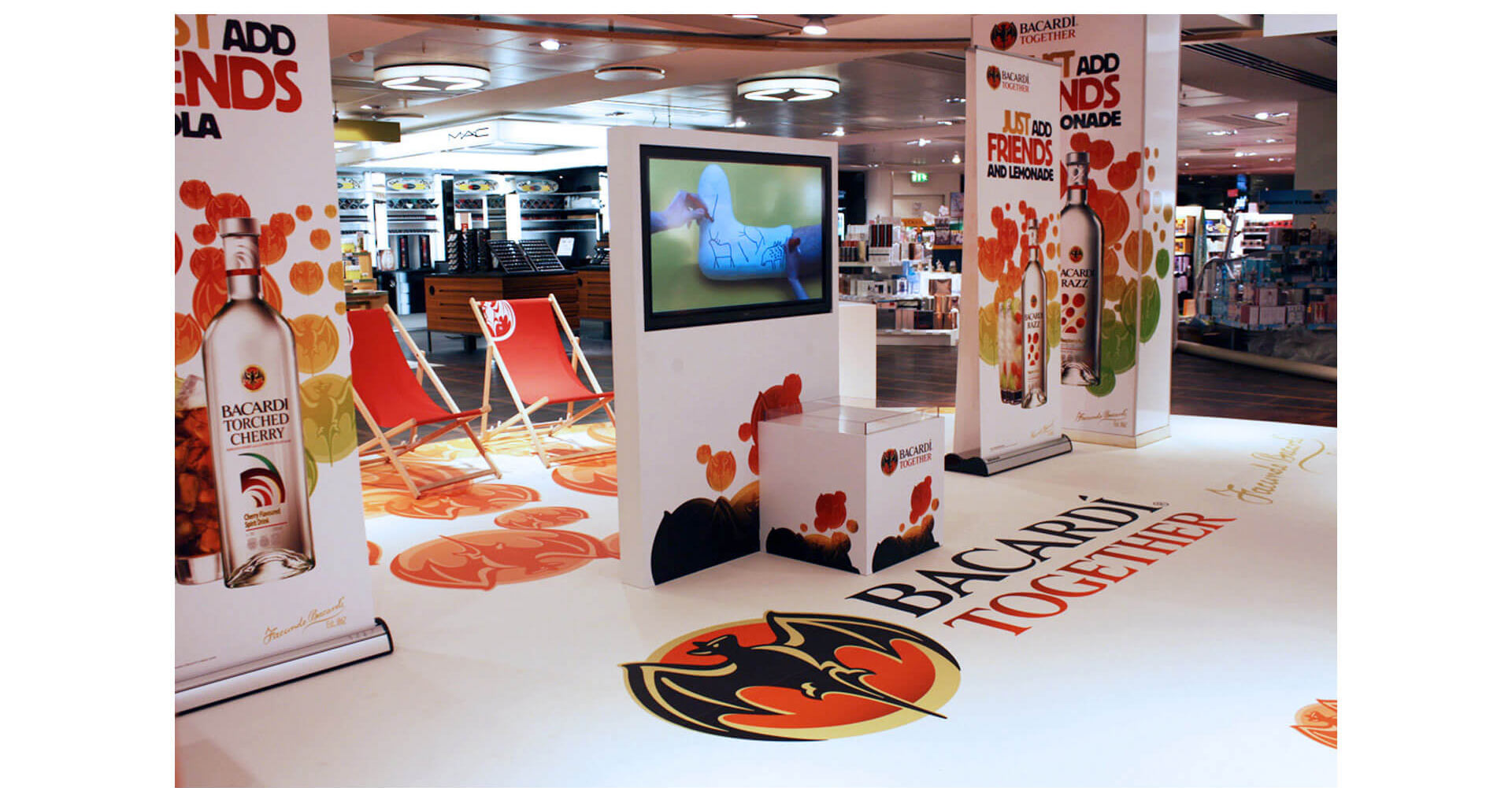 Bacardi Together brand identity duty free promotion campaigns for travel retail Copenhagen airport design