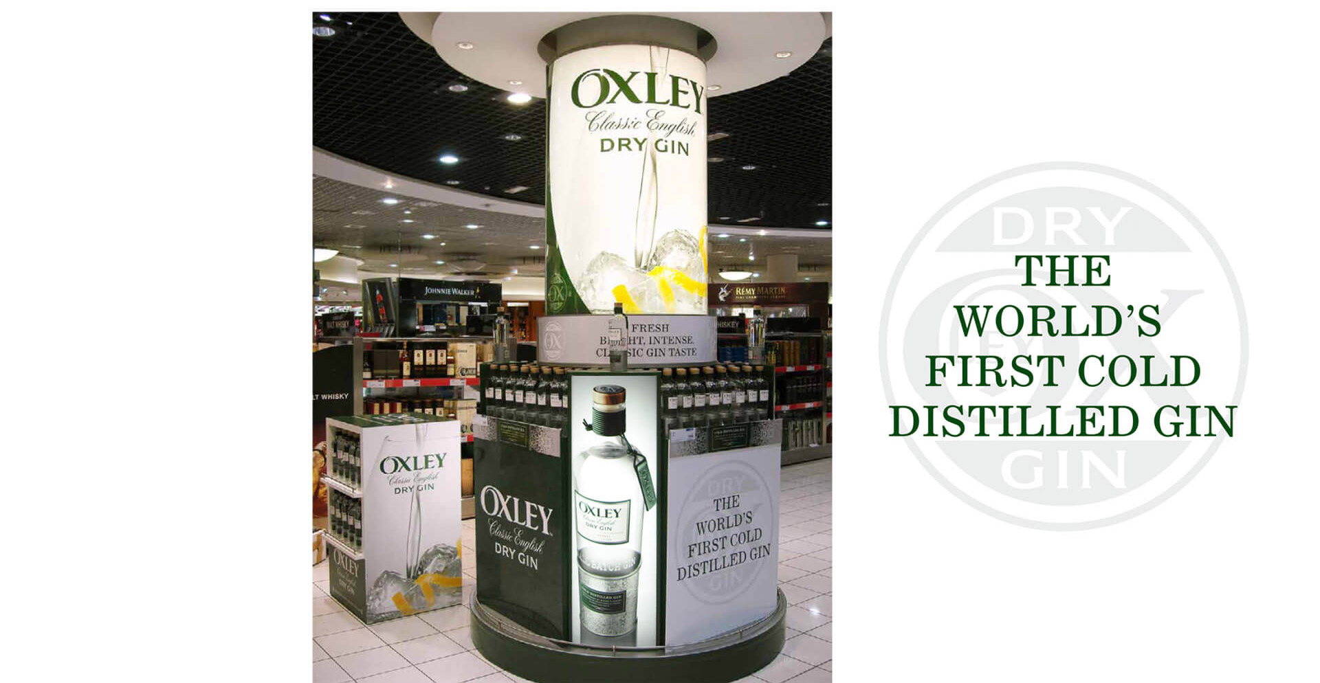 Oxley Gin Heathrow Terminal 3 branding and merchandising promotion campaign travel retail for Bacardi Global Travel Retail