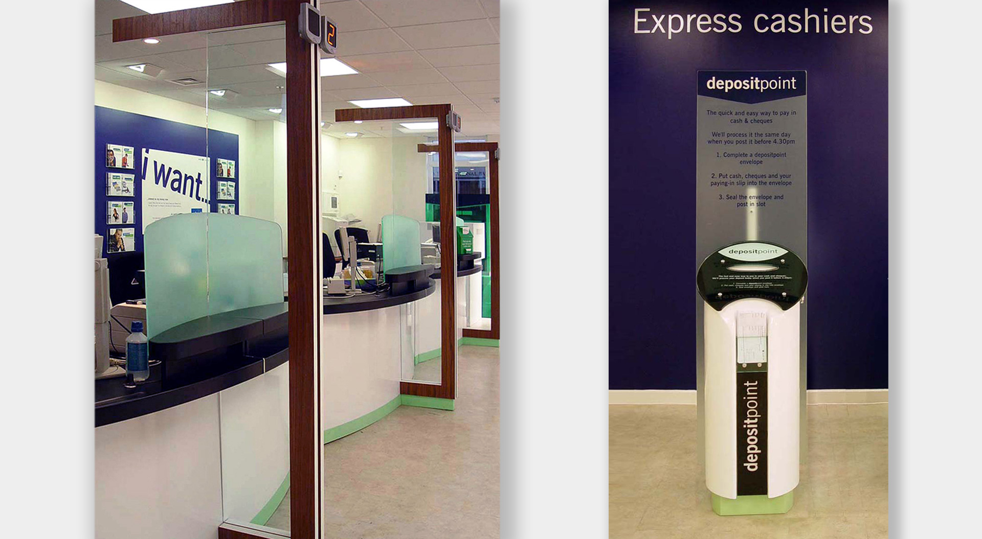 Lloyds Bank Teller desks and express cahier and deposit point 