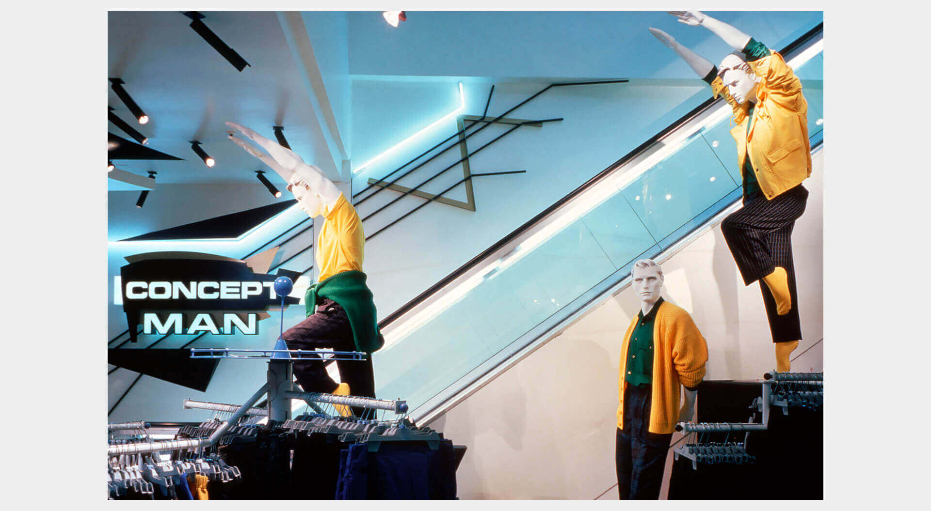 Concept Man fashion store brand interior  internal brand signage for shop escalators design merchandising systems