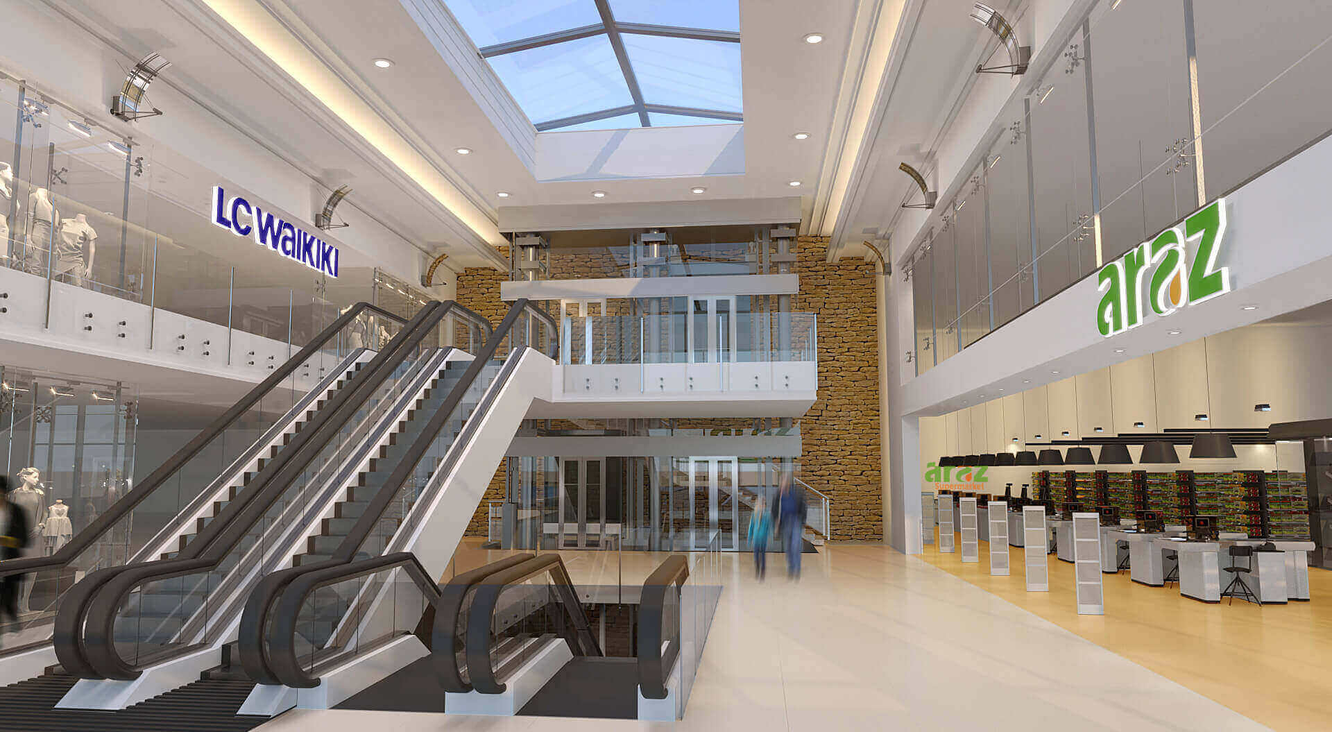 Araz Shopping Centre Design, Internal Visual of the entrance to the supermarket - CampbellRigg Agency