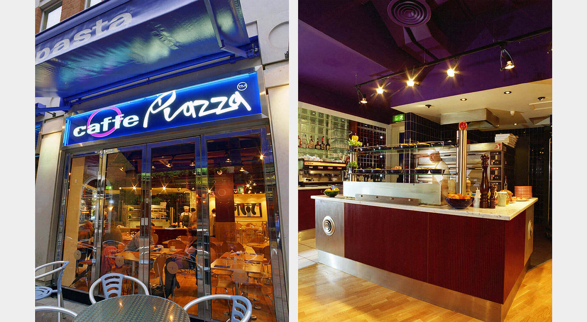 Caffe Piazza restaurant branding external seating and Chef's pizza preparation table and oven interior design 