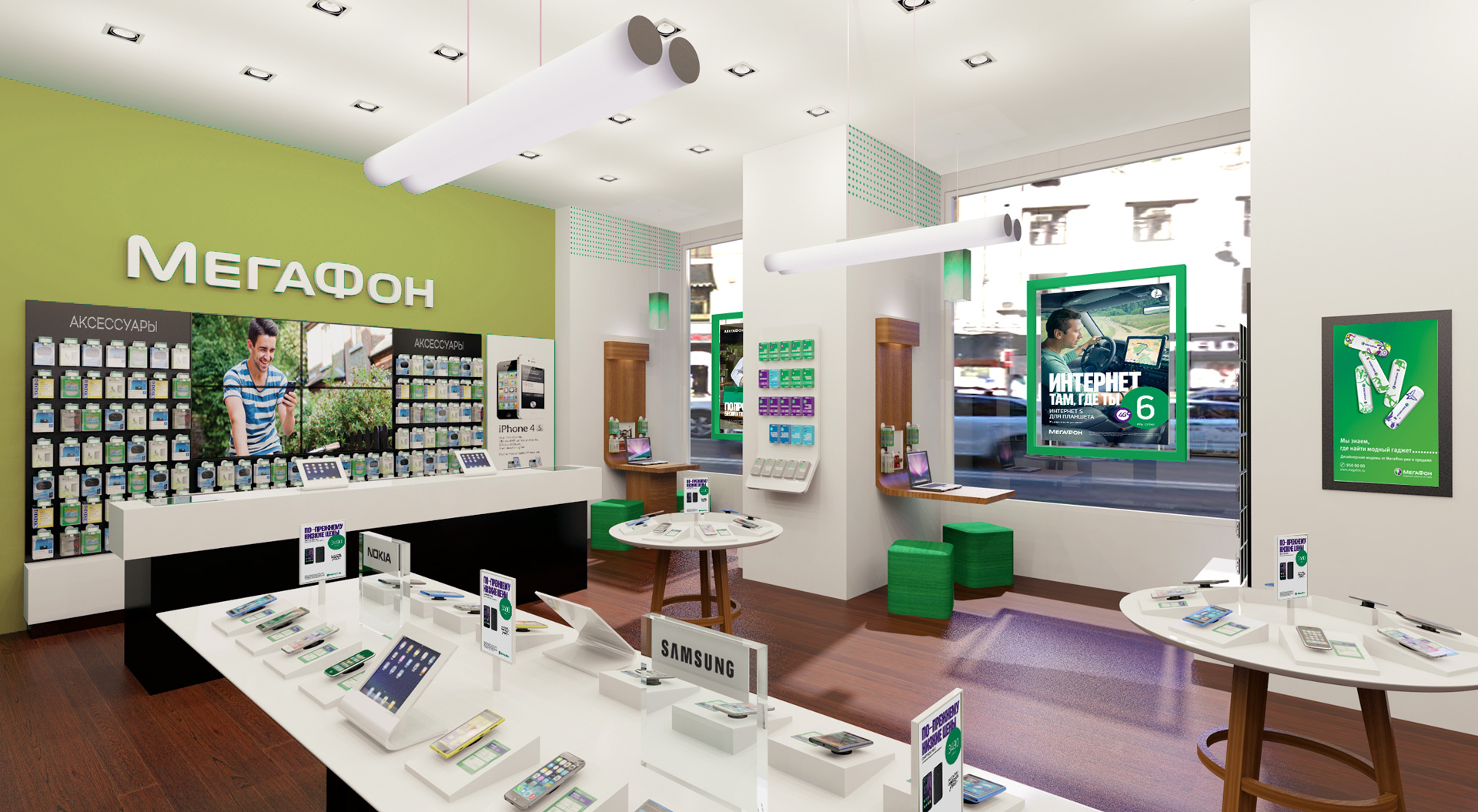 Megafon store interior design – cashier desk, consultation point instore accesories merchandising systems display
