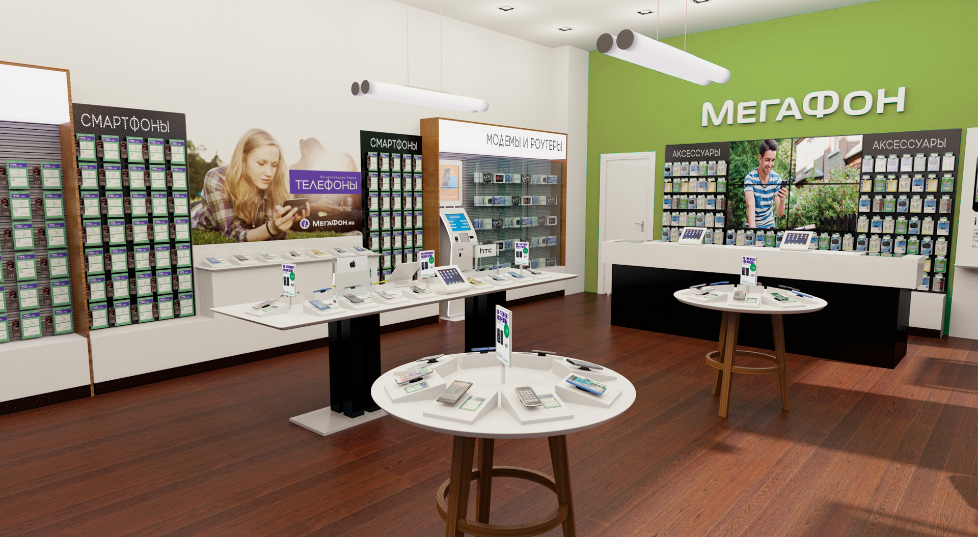 Megafon store interior design – cashier desk, consultation point in-store accessories merchandising systems display