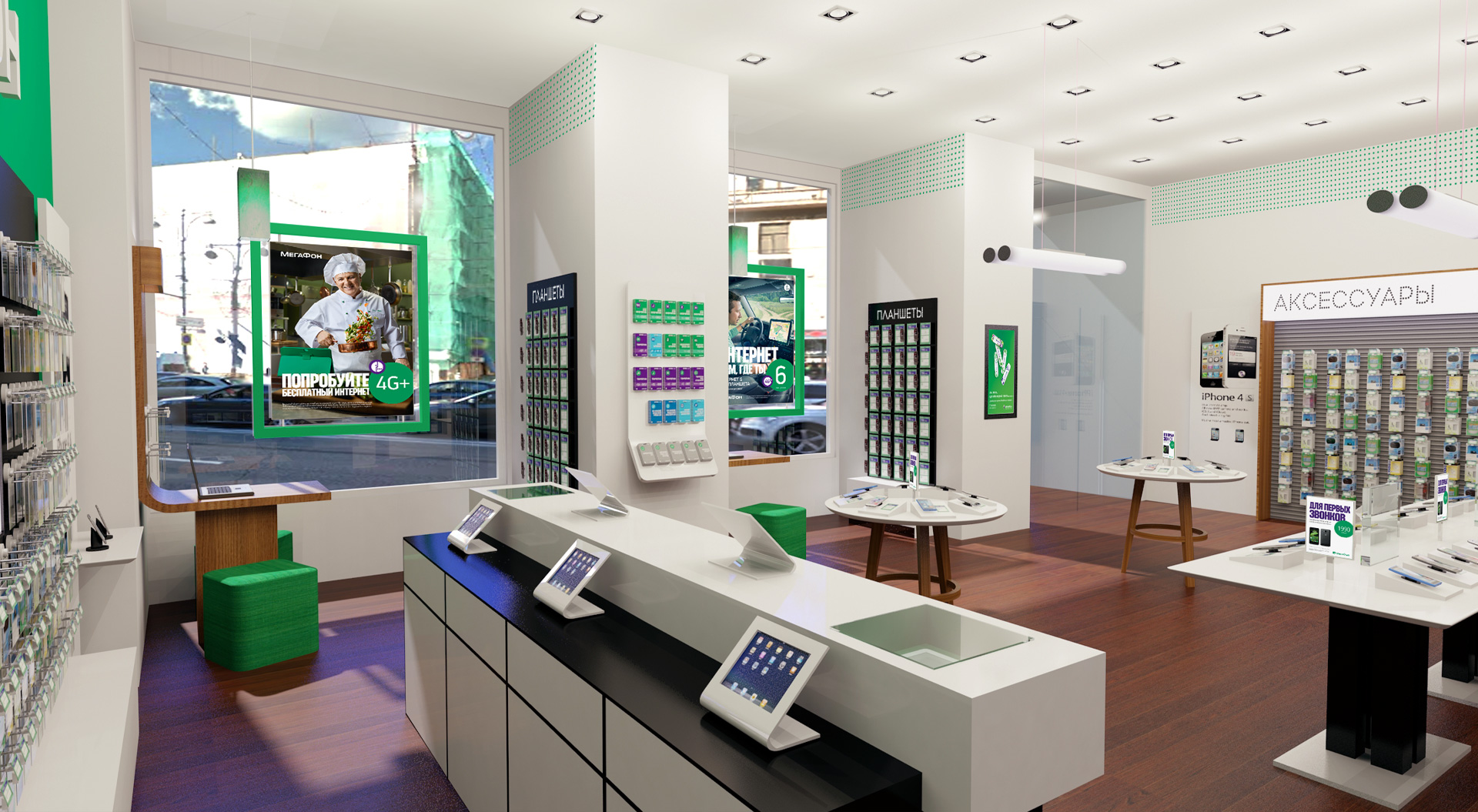 Megafon store interior design – cashier desk, consultation point in-store accessories merchandising systems display
