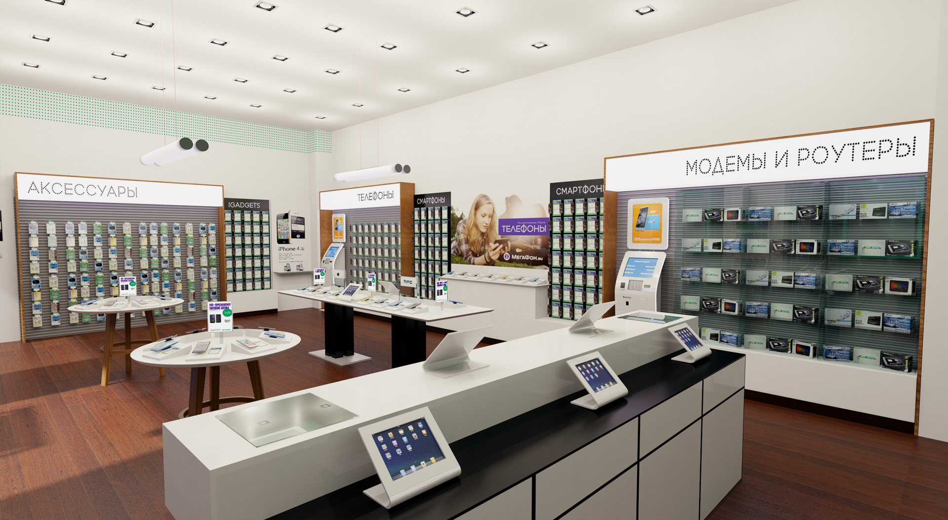 Megafon store interior design – cashier desk, consultation point instore accessories merchandising systems display