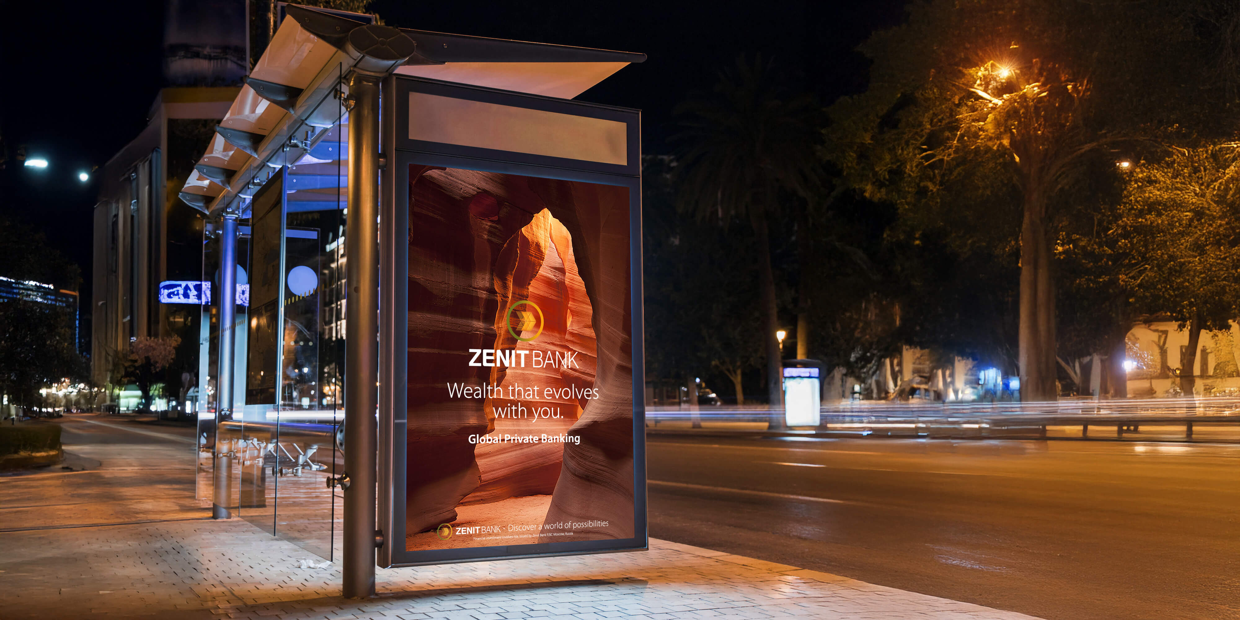 Bus-Stop design - Zenit Bank Global Private Banking - Your Digital Journey - Wealth that evolves with you - Discover a world of possibilities - Image Antelope Canyon is east of Lechee, Arizona.