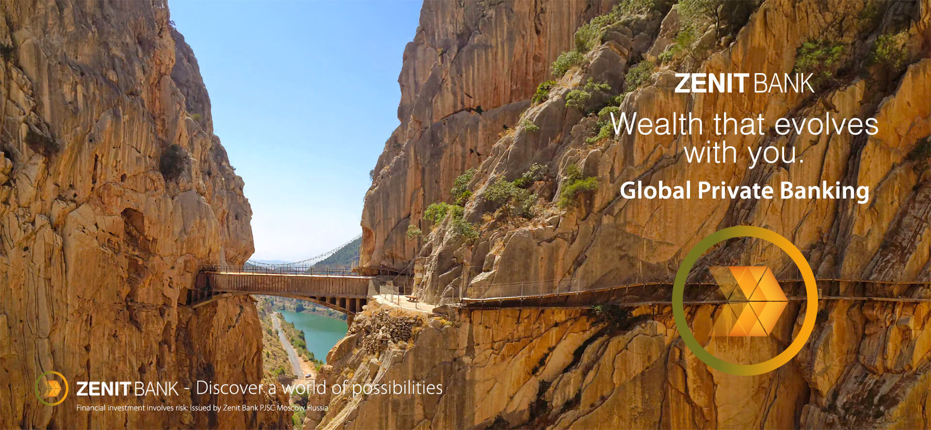 Zenit Bank - Discover a world of opportunities. Wealth that evolves with you. From personal goals to complex business strategies, we support your ambitions through a worldwide network of elite partners, opening doors far outside the boundaries of conventional private banking. Global Private Banking. Chinese gorge and bridge in China.