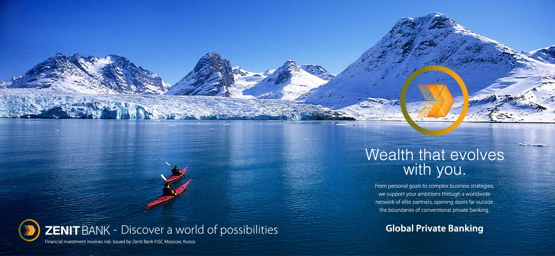 Zenit Bank - Discover a world of opportunities. Wealth that evolves with you. From personal goals to complex business strategies, we support your ambitions through a worldwide network of elite partners, opening doors far outside the boundaries of conventional private banking. Global Private Banking. Two people Kayaking toward the mountains in Greenland.