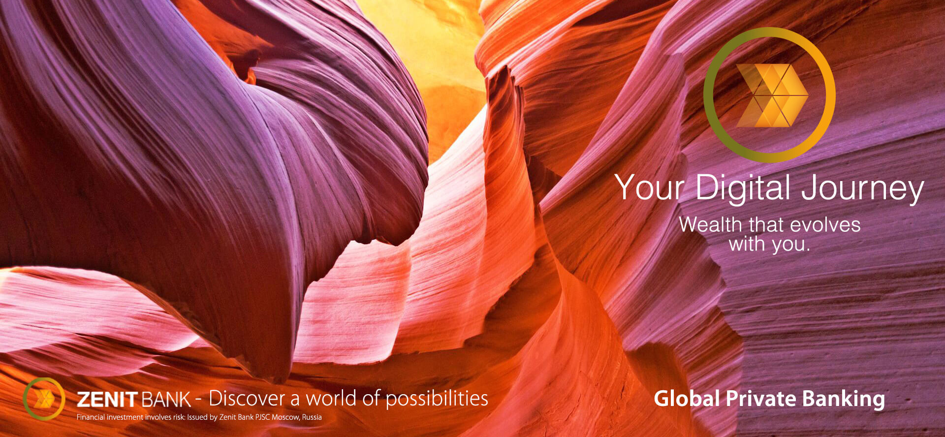 Zenit Bank Global Private Banking - Your Digital Journey - Wealth that evolves with you - Discover a world of possibilities - Image Antelope Canyon is east of Lechee, Arizona.