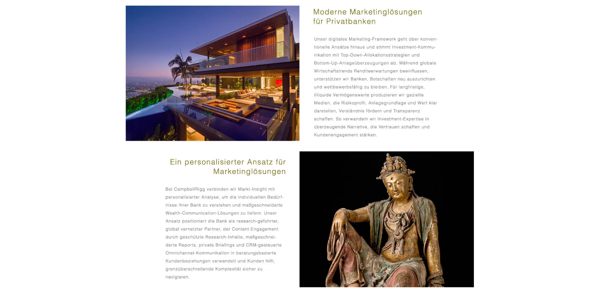 Branding-Services für Privatbanken. CampbellRigg ist eine führende Agentur für Private-Banking- und Finanzmarketing mit über zehn Jahren Erfahrung in der Entwicklung wirkungsvoller Kampagnen für die vermögendsten Kunden weltweit. Als Full-Service-Kreativpartner vereinen wir Branding, Digitalstrategie, visuelles Storytelling und Experience Design, um messbare Ergebnisse, gesteigertes Engagement und einen starken ROI für Premium-Marken zu erzielen.