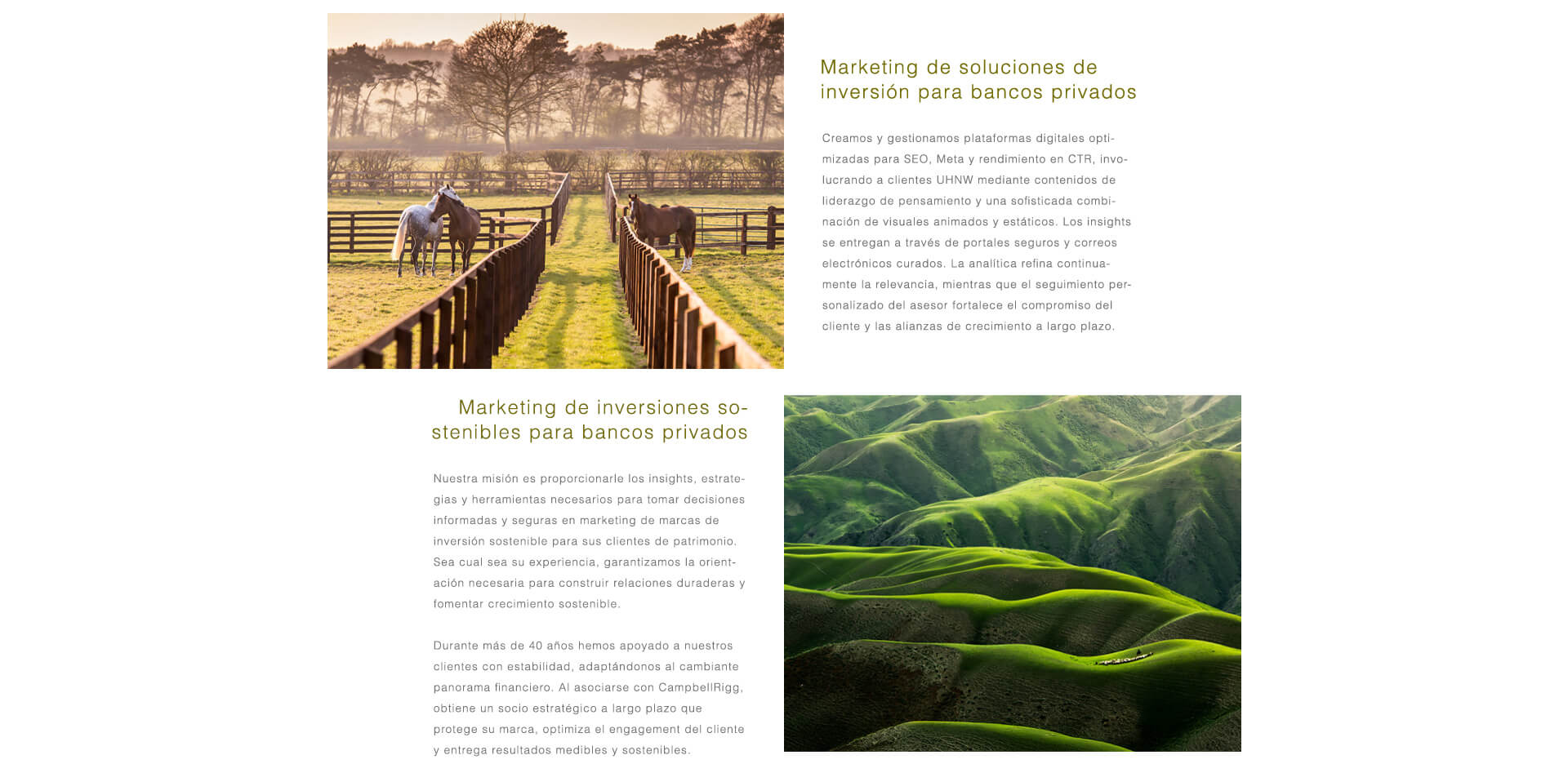 Marketing de Inversión y Soluciones Sostenibles Gestionamos plataformas optimizadas para SEO, portales seguros y correos electrónicos seleccionados, ofreciendo liderazgo intelectual y una combinación de imágenes animadas y estáticas a clientes de UHNW. El análisis y el seguimiento personalizado de la asesoría refinan la relevancia y fortalecen las alianzas de crecimiento a largo plazo. Nuestras estrategias de marketing de inversión sostenible capacitan a los bancos para construir relaciones duraderas con sus clientes, asegurar el futuro de su marca y ofrecer resultados medibles y duraderos.