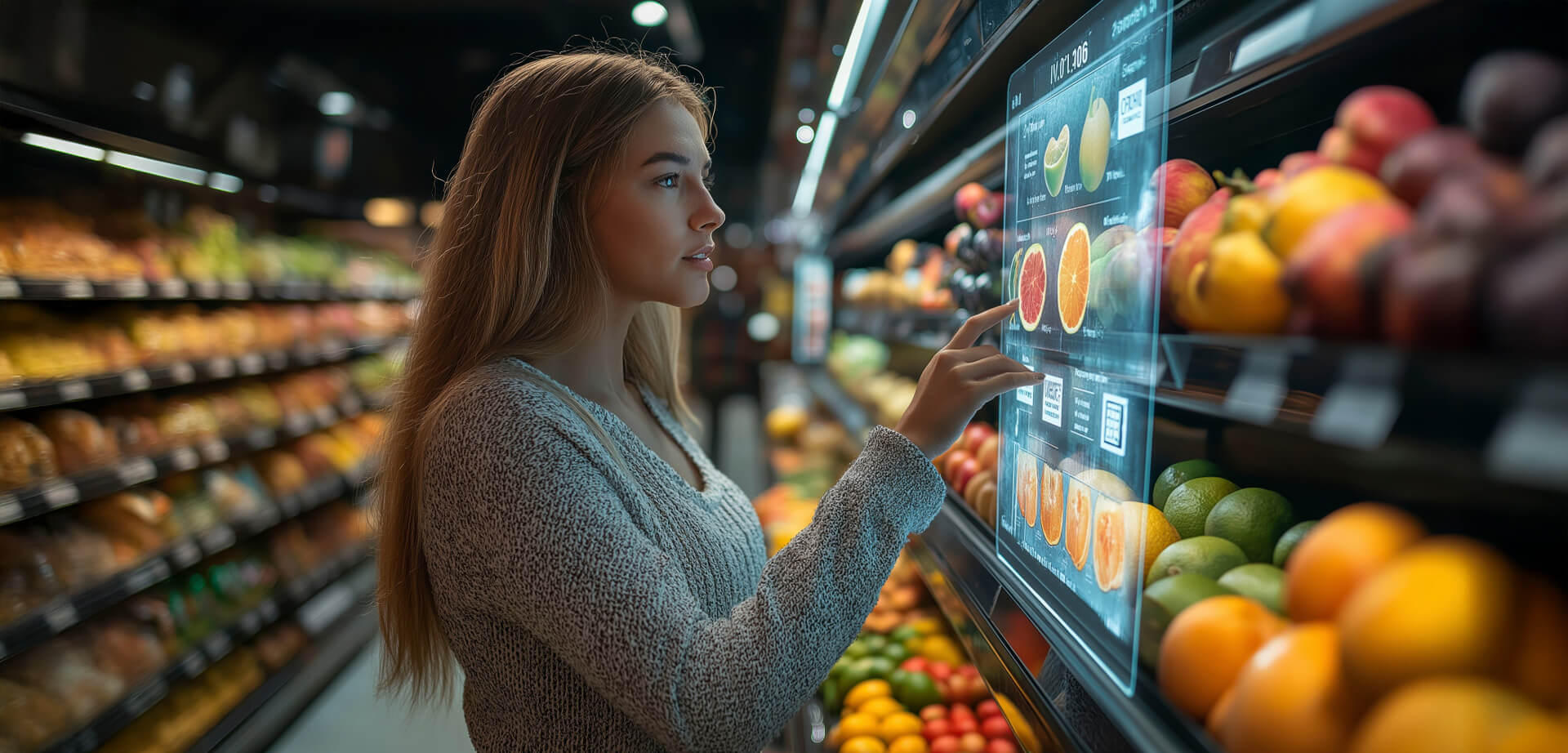 The image depicts a concept for a futuristic supermarket utilizing advanced in-store technology such as transparent OLED displays or augmented reality (AR) interfaces. These technologies blend physical products with digital information overlays to enhance the customer experience.
