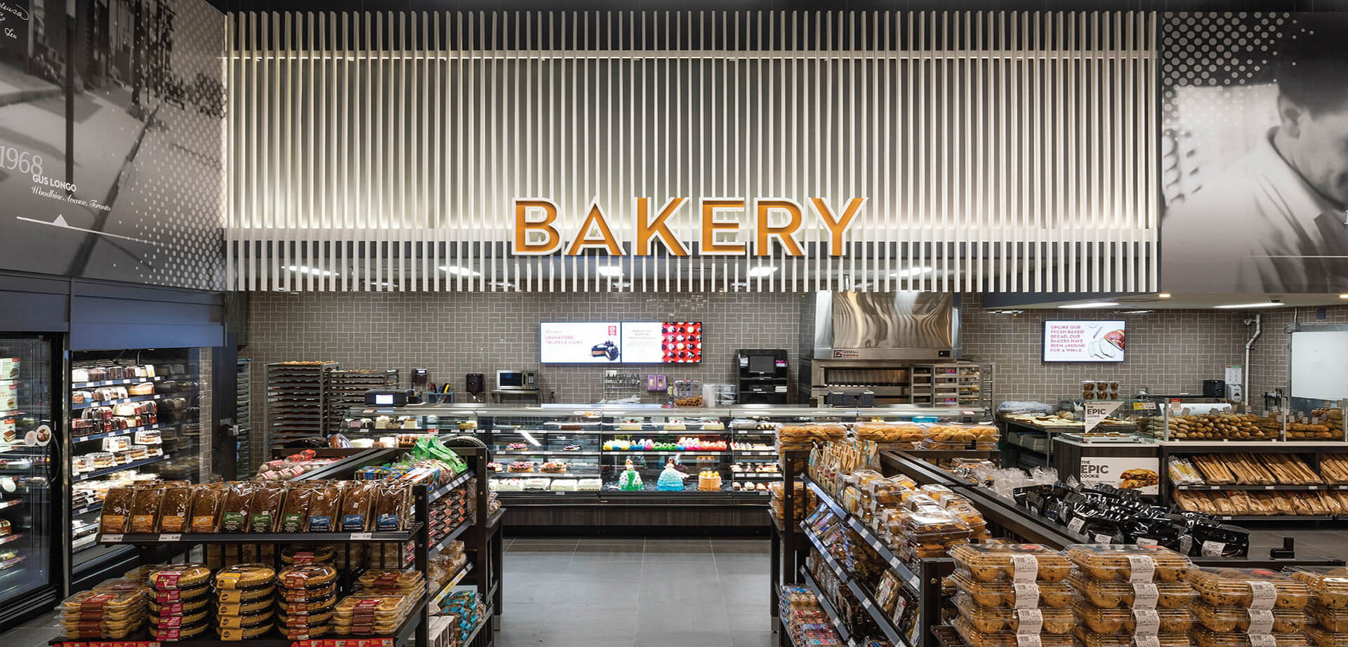 Longo's is a family-owned business that started in 1956.  The bakery section offers a variety of items, including locally crafted bread, bagels, muffins, and custom cakes. 