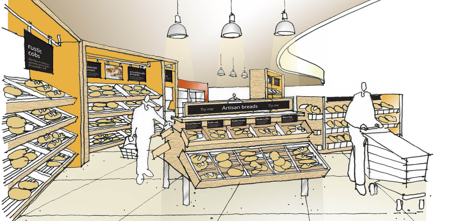 The Tesco Extra Hypermarket Accrington, Lancashire England. Bakery concept design sketch.