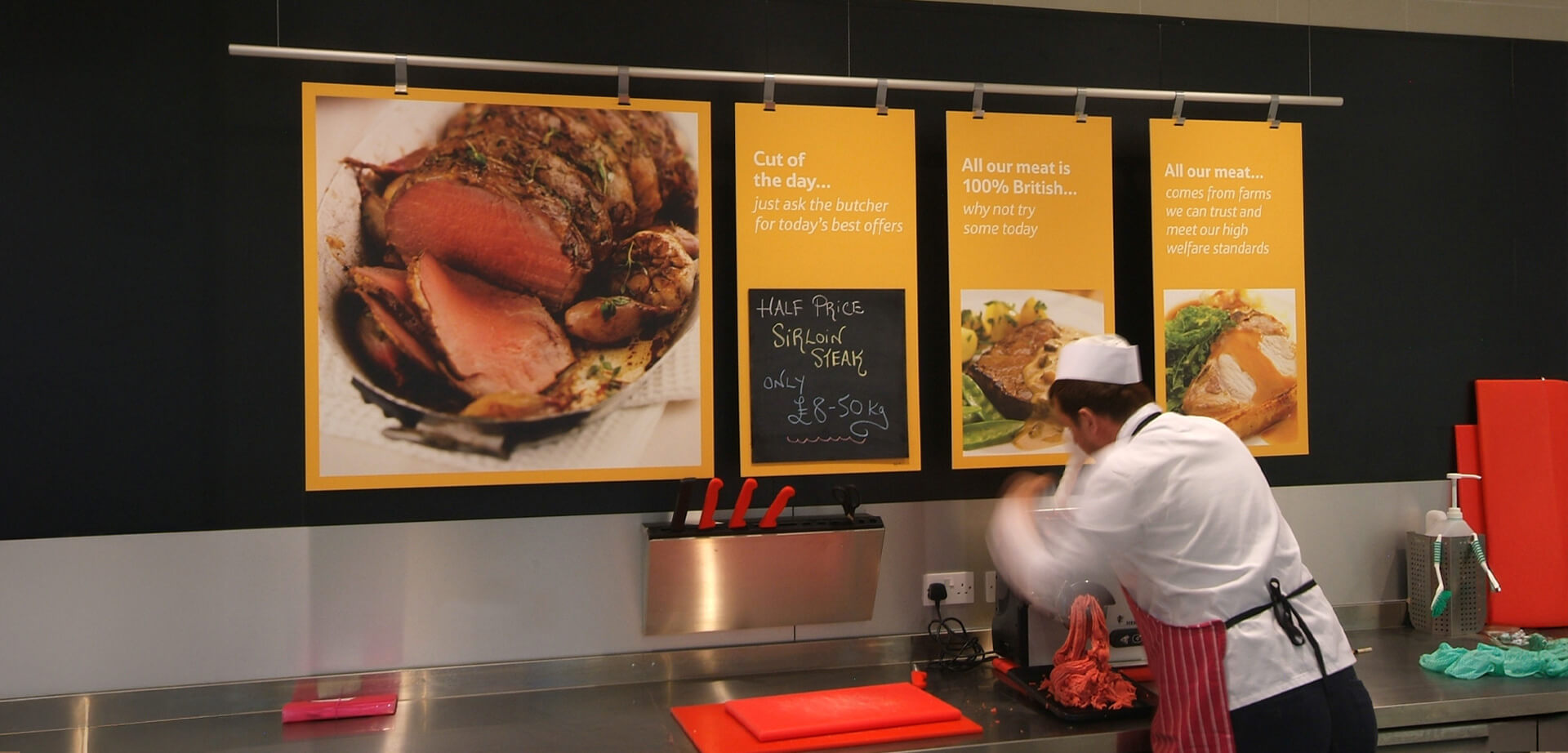 Tesco Extra Hypermarket Accrington, Lancashire UK. "Just ask the butcher for today's best offers". All meat sold is stated to be "100% British" and sourced from farms that meet "high welfare standards.