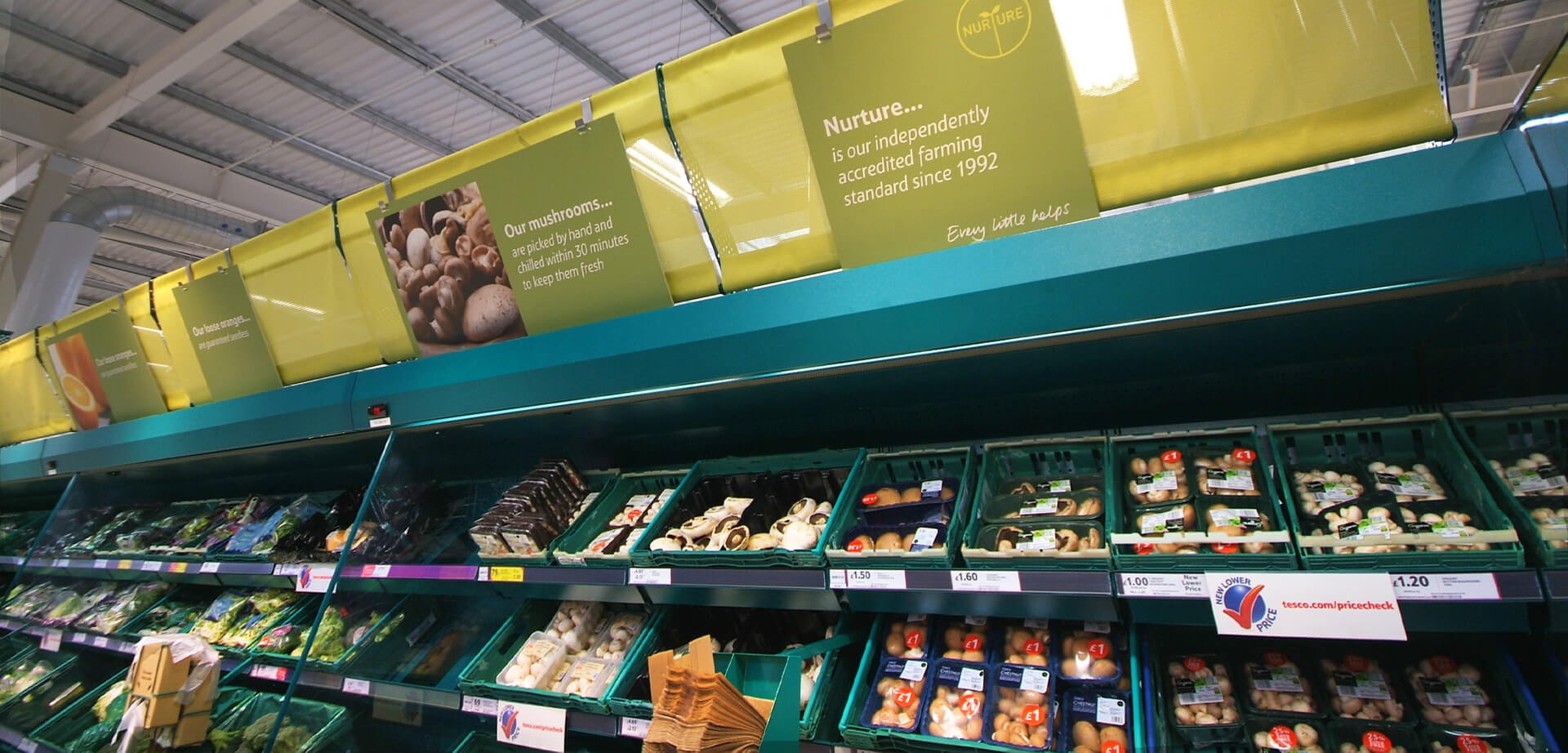 The Tesco Extra Hypermarket Accrington, Lancashire England. Nurture protocol has specific, demanding environmental criteria that all certified growers must follow. These requirements are designed to ensure the sustainable and responsible production of fresh fruit and vegetables for the supermarket.