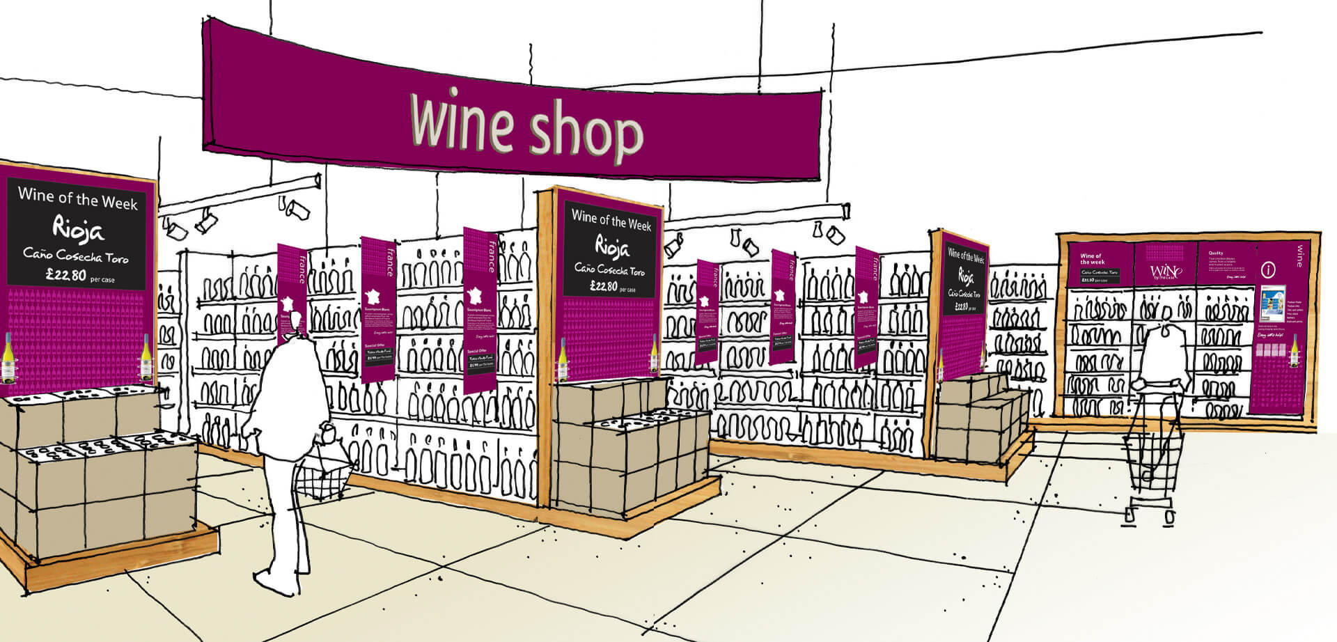 The Tesco Extra Hypermarket Accrington, Lancashire England. Wine shop concept design sketch.