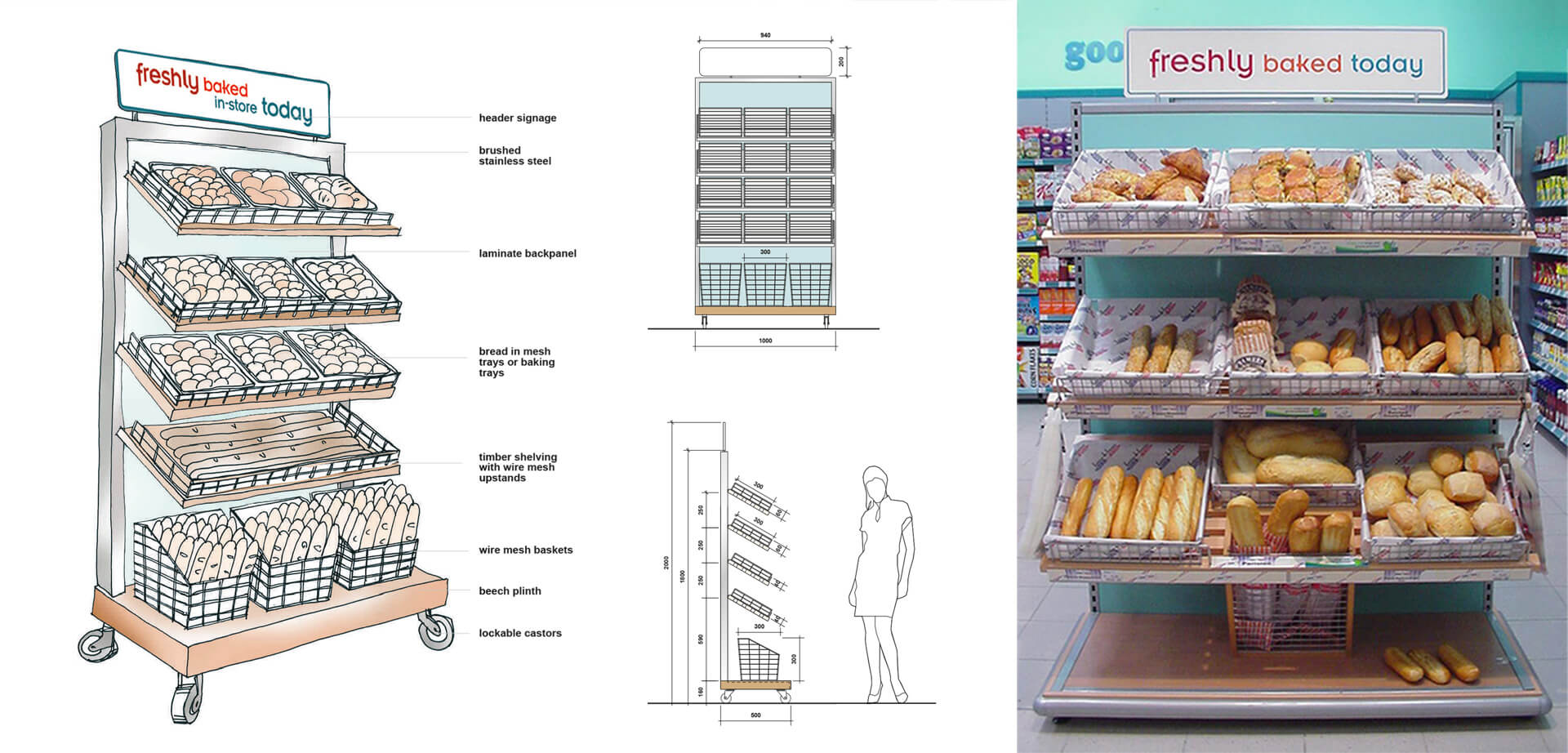 Centra's bakery display unit. It is designed for in-store use to merchandise freshly baked products.  Features a modular design with timber shelving and wire mesh upstands. Includes brushed stainless steel components and a laminate backpanel. Designed with lockable castors for mobility. Uses mesh or baking trays for displaying bread. Includes header signage for branding.