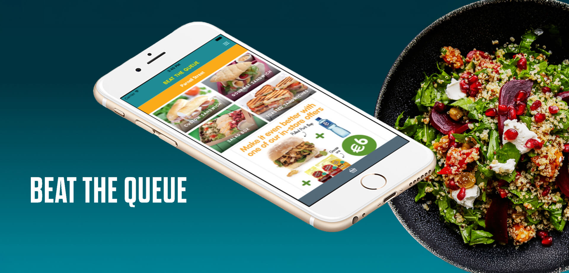 The image displays a smartphone screen showing Centra's food ordering app called "Beat The Queue", which allows customers to pre-order food and skip lines. 