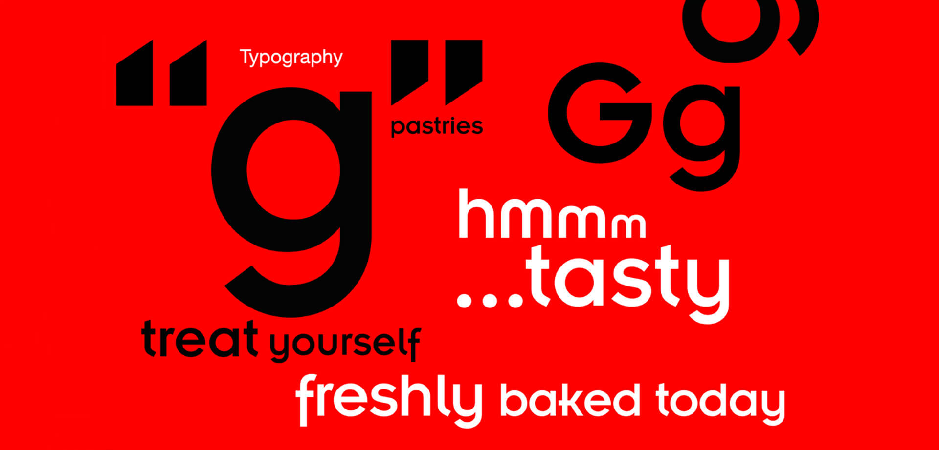 The image displays a vibrant red background with a typographic design featuring the text "Gg", "pastries", "hmmm ...tasty", "treat yourself", and "freshly baked today". This is part of the "good to go" sub-branding used by the Irish convenience retailer, Centra. 