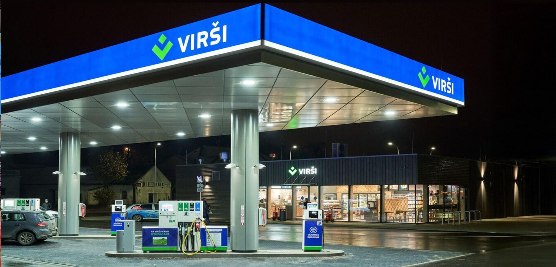 This is an image of a Virši service station, a Latvian fuel and energy trader and convenience store network.  Virši operates a network of fuel and alternative energy filling stations primarily in Latvia, and recently expanded operations to Lithuania. 