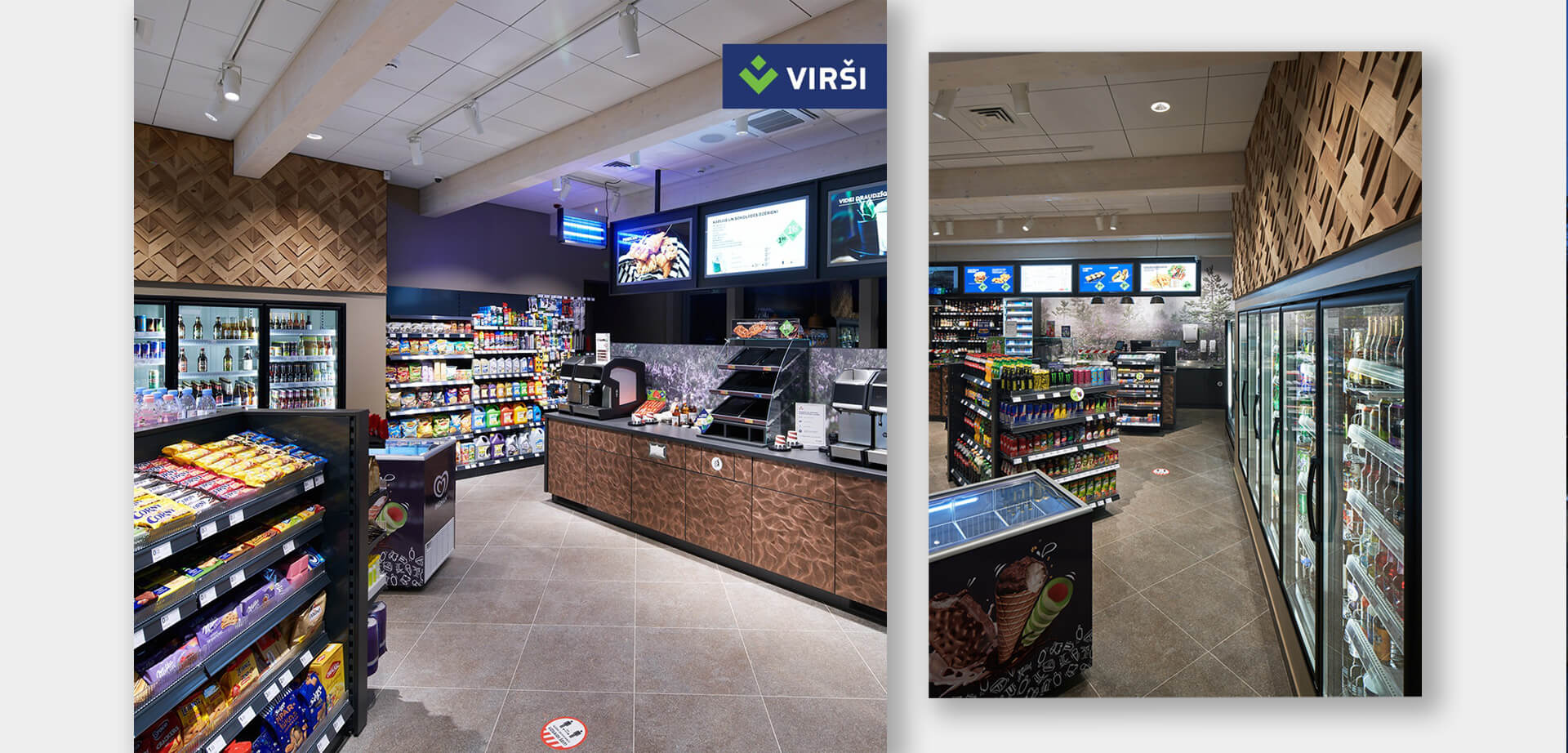 The convenience store showcases a bright, open floor plan with extensive lighting and warm wood-grain accents, creating an inviting environment. The layout highlights a wide selection of snacks, beverages, and on-the-go meals, complemented by own-label coffee, all prominently displayed in thoughtfully designed cases and counters for easy access and impulse purchase.
