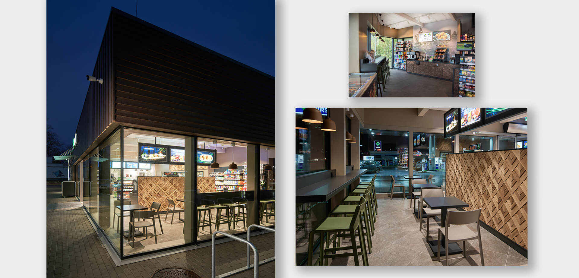 The convenience store showcases a bright, open floor plan with extensive lighting and warm wood-grain accents, creating an inviting environment. The layout highlights a wide selection of snacks, beverages, and on-the-go meals, complemented by own-label coffee, all prominently displayed in thoughtfully designed cases and counters for easy access and impulse purchase.