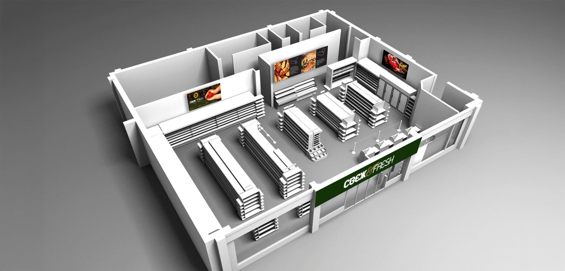 СВЕЖ & FRESH (Svezh & Fresh) Supermarket convenience 3D model of store format planning and supergraphics.