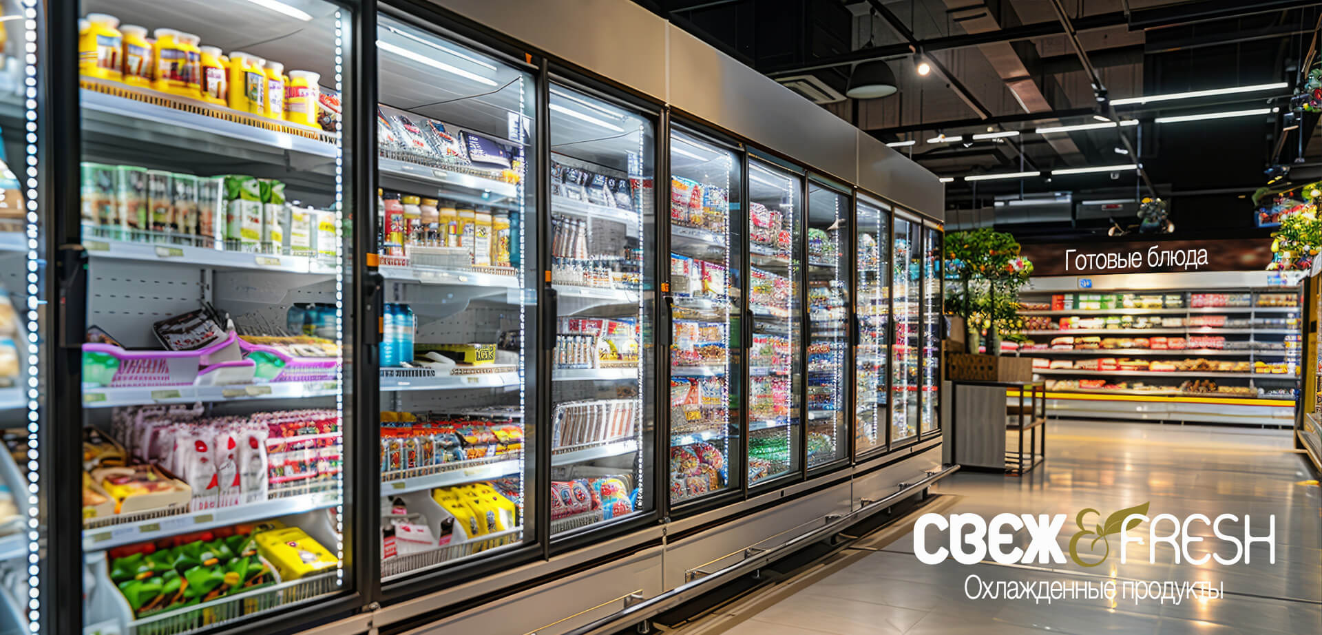 A refrigerated section in a СВЕЖ & FRESH supermarket, featuring products with Russian text on the labels. The prominent text indicates the following essential information: Ready-to-eat meals "СВЕЖ & FRESH" Chilled products.