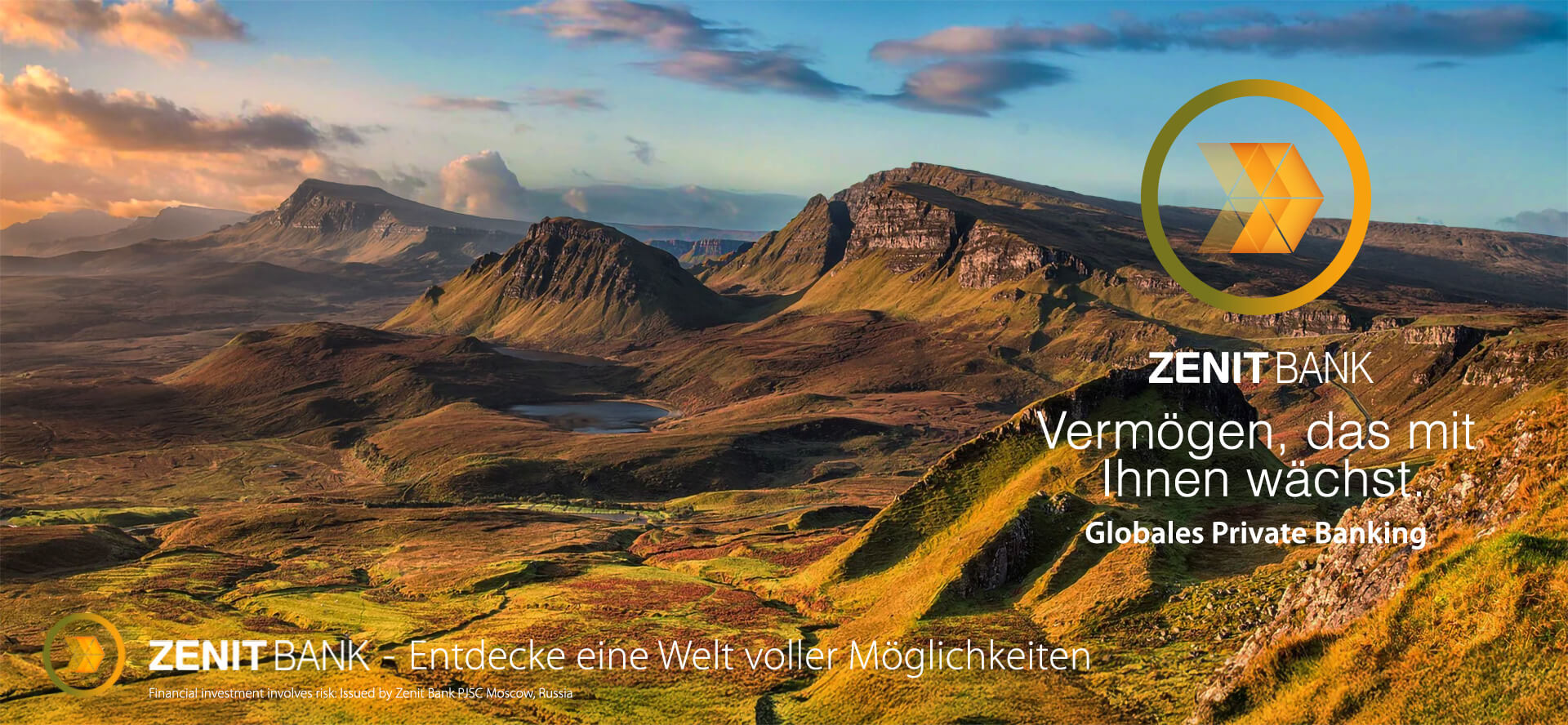 Zenit Bank – Schottland: Entdecken Sie eine Welt voller Möglichkeiten. Vermögen, das mit Ihnen wächst. Von persönlichen Zielen bis hin zu komplexen Geschäftsstrategien unterstützen wir Ihre Ambitionen durch ein weltweites Netzwerk erstklassiger Partner und eröffnen Ihnen Türen weit jenseits des klassischen Private Banking. Globales Private Banking.