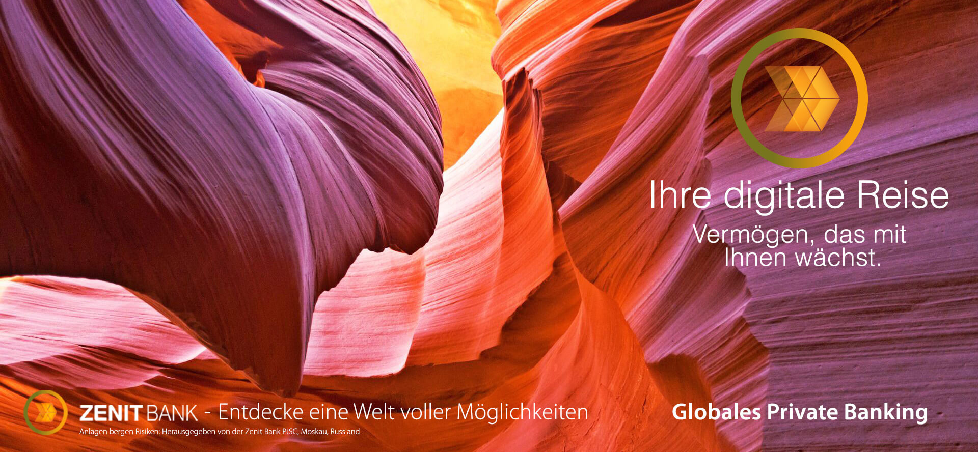 Zenit Bank Global Private Banking - Ihre digitale Reise - Vermögen, das mit Ihnen wächst - Entdecken Sie eine Welt voller Möglichkeiten - Bild: Der Antelope Canyon liegt östlich von Lechee, Arizona.