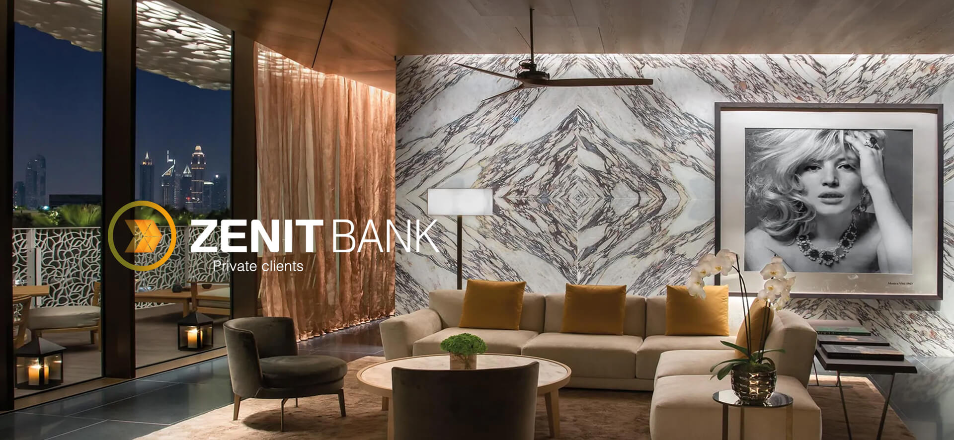 Zenit Bank's services for private clients, set against the backdrop of a luxurious interior.