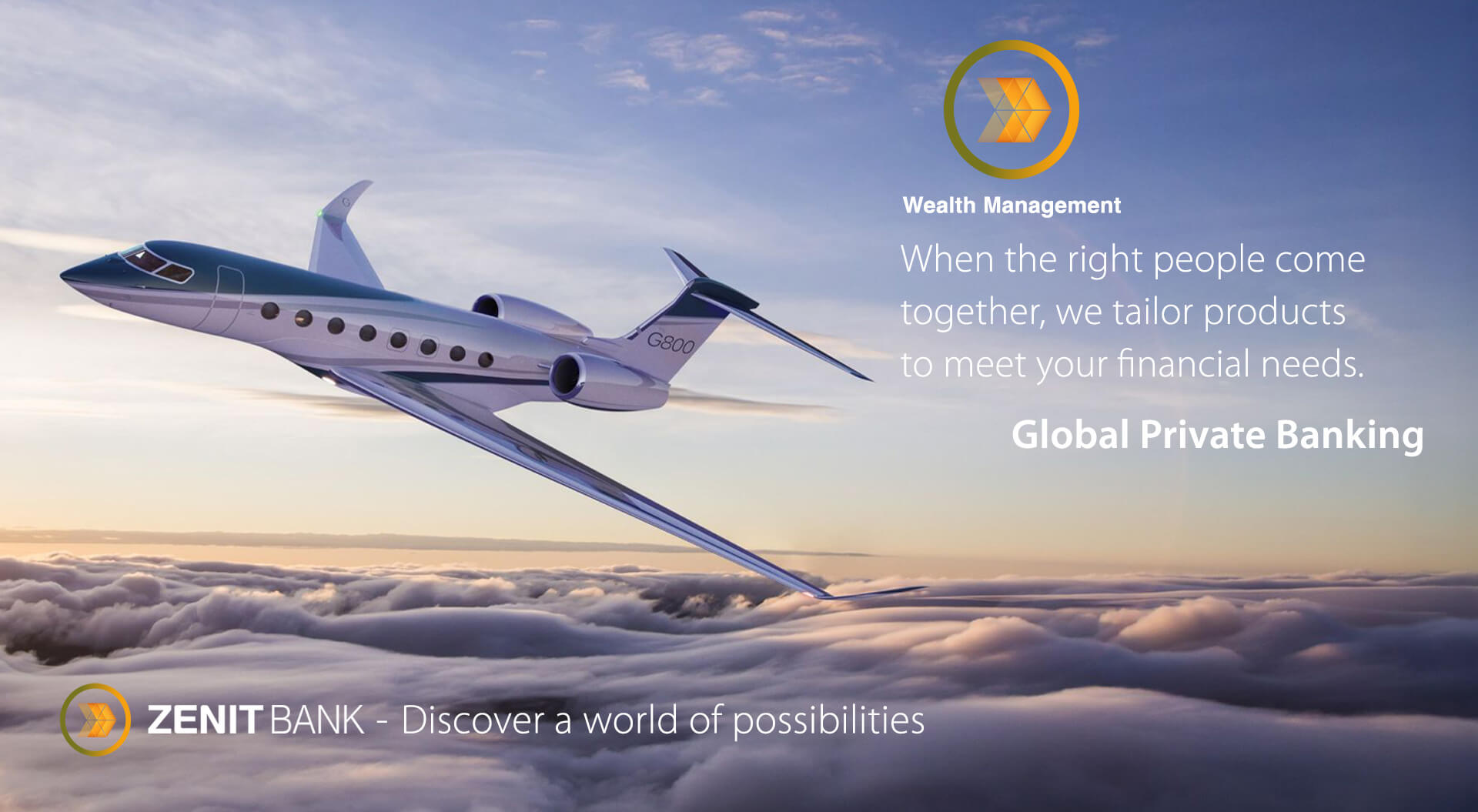 The image is an advertisement for Global Private Banking services offered by Zenit Bank, featuring a Gulfstream G800 private jet. The text emphasizes the bank's ability to tailor financial products to client needs when working together.