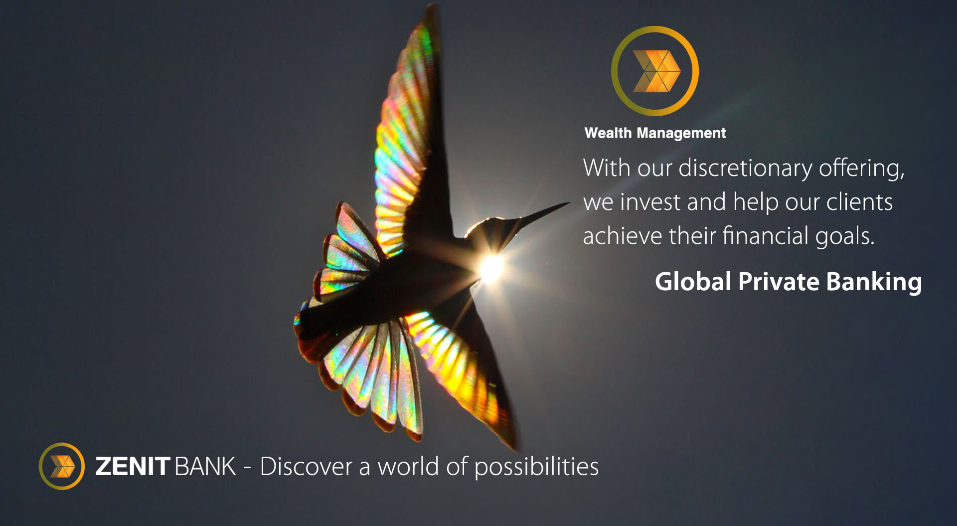 The image is an advertisement for a "Global Private Banking" service, which offers wealth management solutions to help clients achieve their financial goals through discretionary investment options.