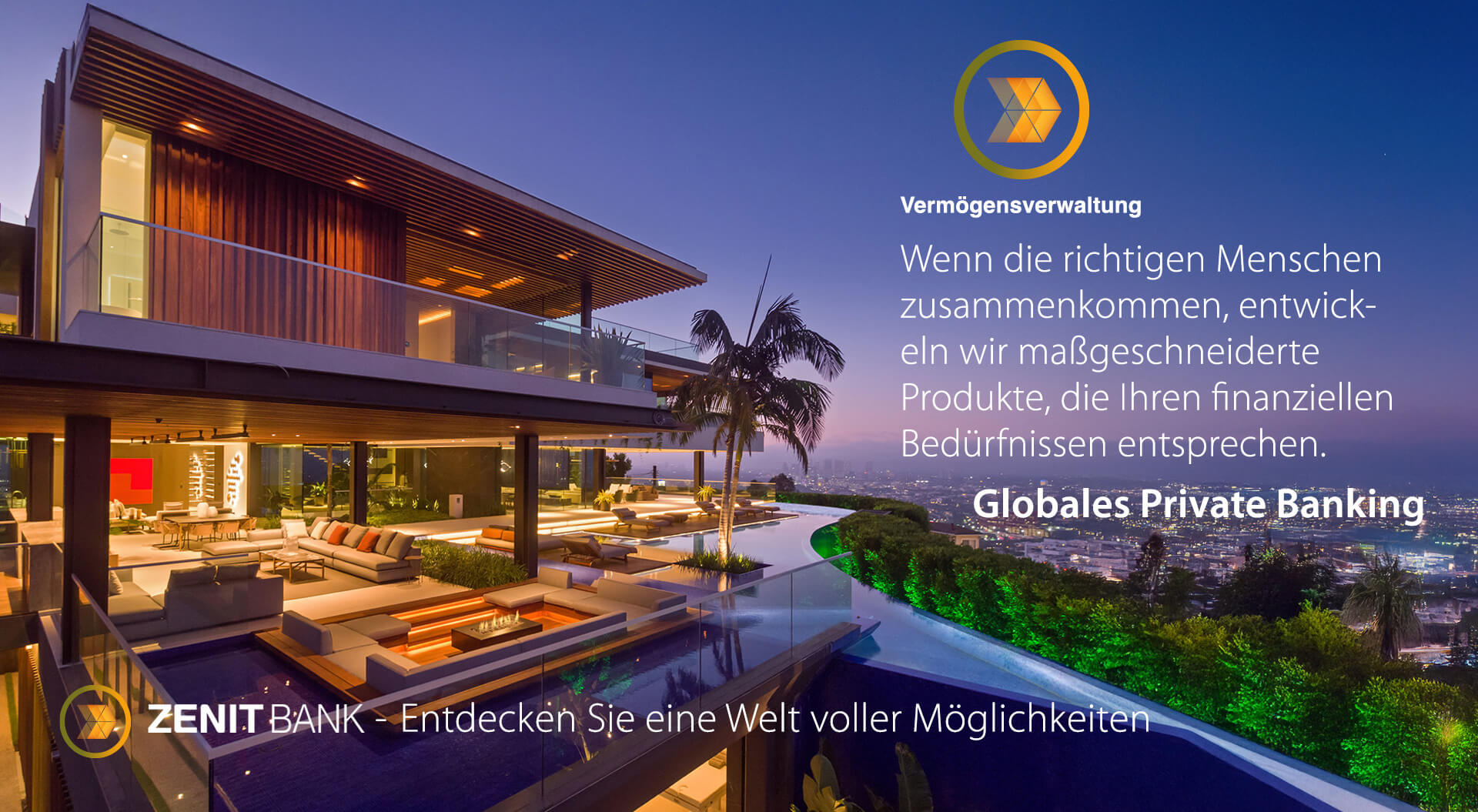 Das Bild ist eine Anzeige für die Global Private Banking-Dienstleistungen der Zenit Bank und zeigt einen Gulfstream G800 Privatjet. Der Text betont die Fähigkeit der Bank, Finanzprodukte in enger Zusammenarbeit mit ihren Kunden individuell anzupassen.