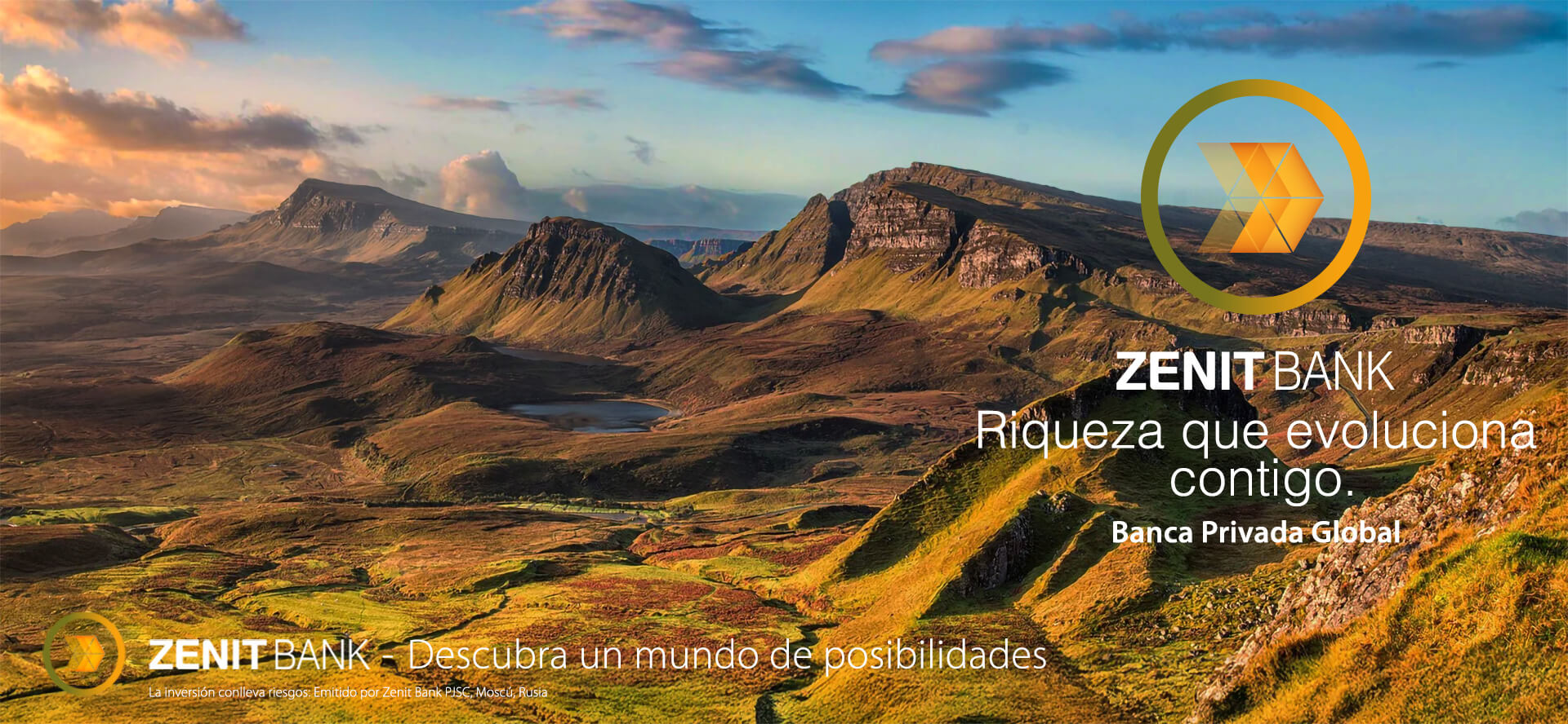 Panorama escocés de Zenit Bank: Descubra un mundo de oportunidades. Un patrimonio que evoluciona con usted. Desde objetivos personales hasta estrategias empresariales complejas, apoyamos sus ambiciones a través de una red mundial de socios de élite, abriendo puertas mucho más allá de los límites de la banca privada convencional. Banca Privada Global.