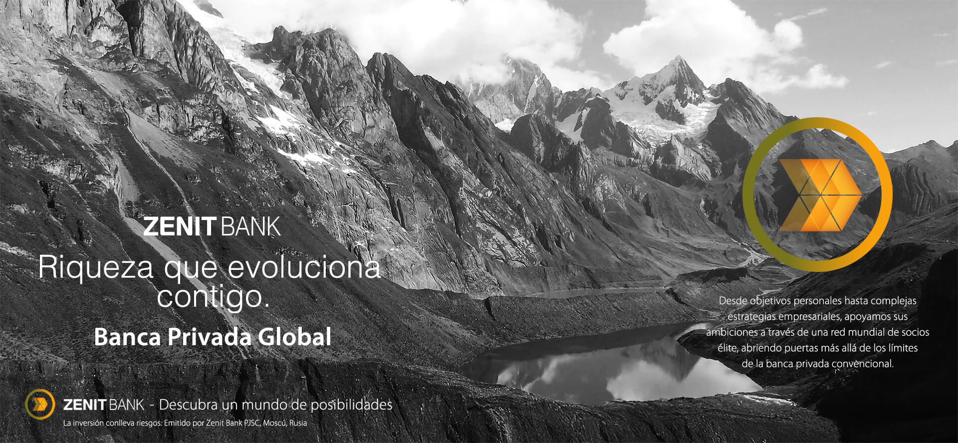 Zenit Bank: Descubra un mundo de oportunidades. Un patrimonio que evoluciona con usted. Desde objetivos personales hasta complejas estrategias empresariales, apoyamos sus ambiciones a través de una red mundial de socios de élite, abriéndole puertas mucho más allá de los límites de la banca privada convencional. Banca Privada Global. Vista de los Alpes Suizos.