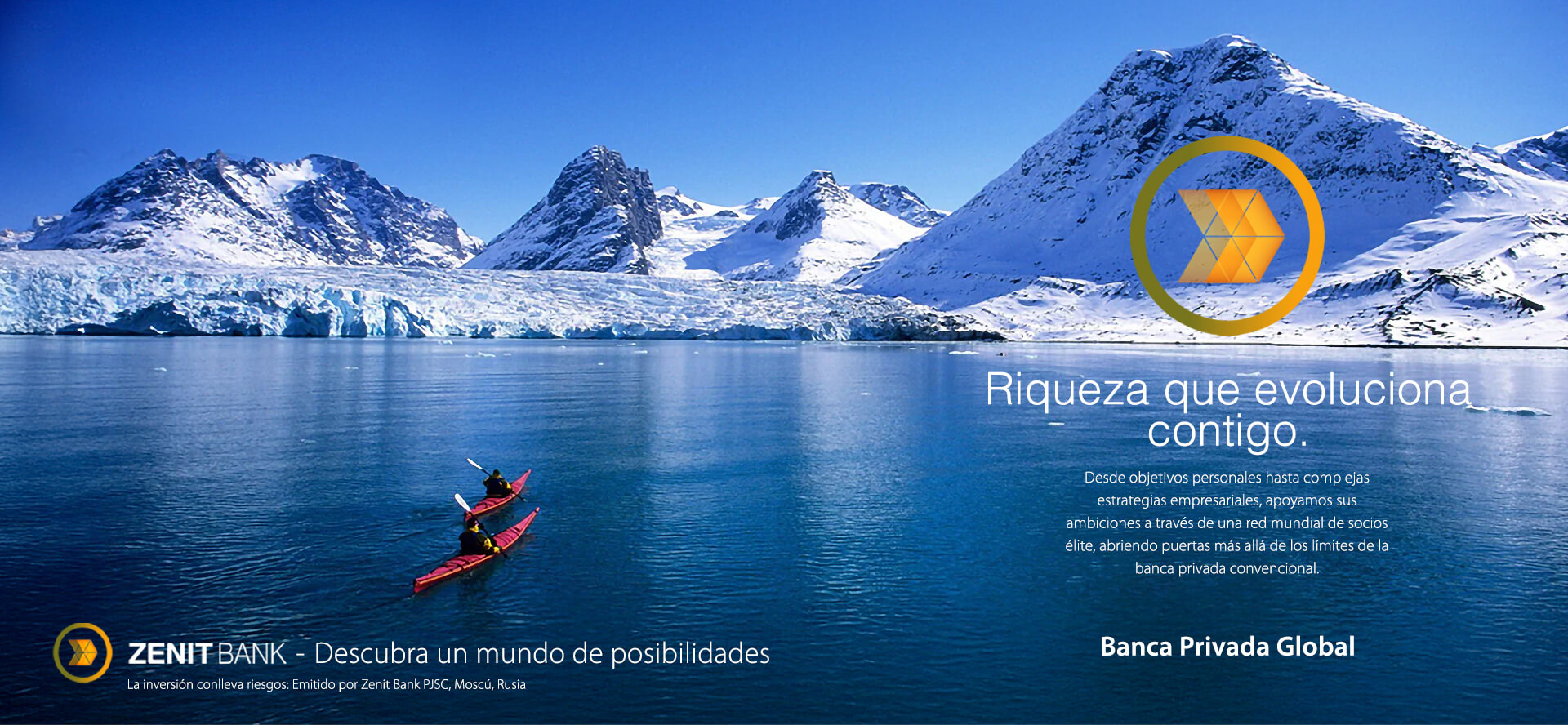 Zenit Bank: descubre un mundo de oportunidades. Un patrimonio que evoluciona contigo. Desde objetivos personales hasta estrategias empresariales complejas, apoyamos tus ambiciones a través de una red mundial de socios de élite, abriendo puertas mucho más allá de los límites de la banca privada convencional. Banca Privada Global. Dos personas navegando en kayak hacia las montañas de Groenlandia.