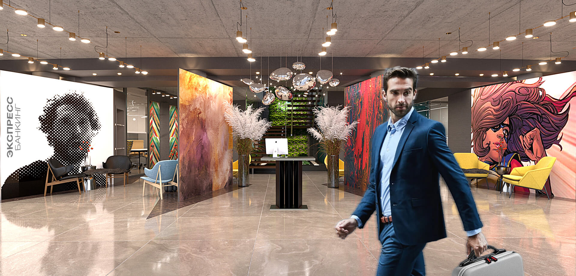 The image displays the interior of Zenit Bank, a modern bank branch designed for the financial retailer in Russia. 