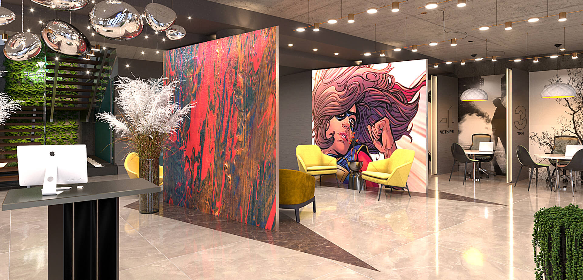 Zenit Bank's open-plan interior design of a contemporary retail bank branch. The design emphasizes a shift away from traditional teller counters towards a more lounge-like, customer-centric environment. 