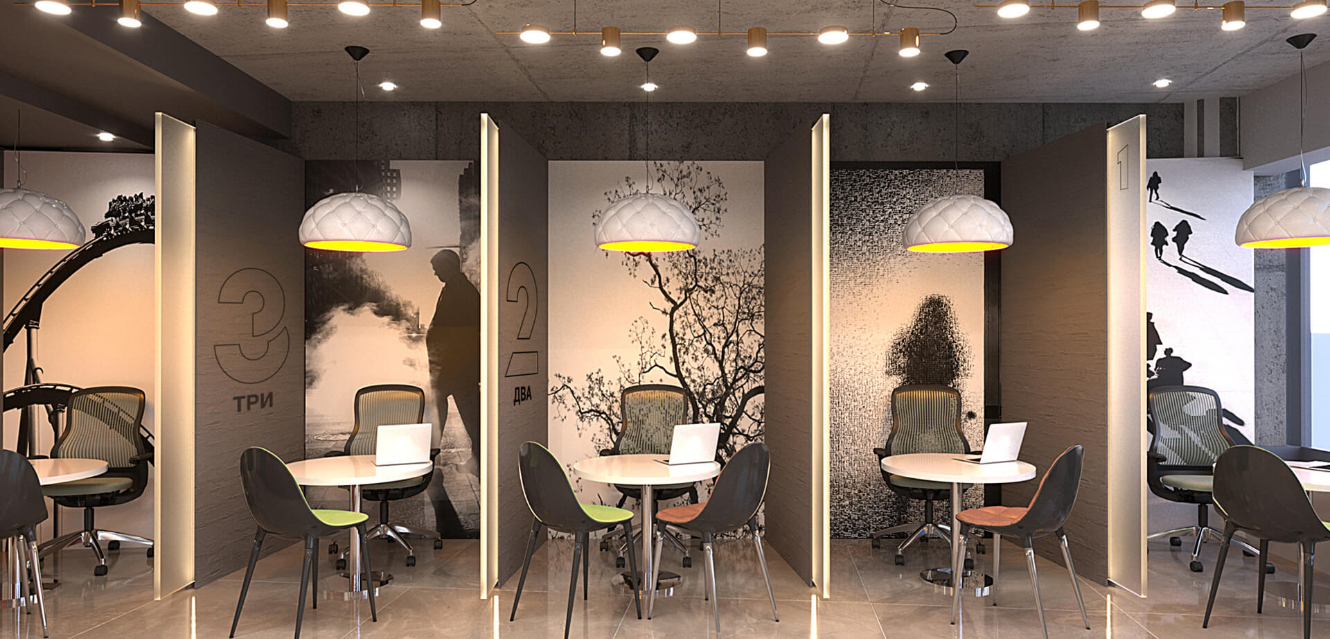 The image is a contemporary interior design for a bank branch consultation spaces. The design moves away from traditional closed cubicles towards open, modern, and welcoming spaces for a better user experience. 