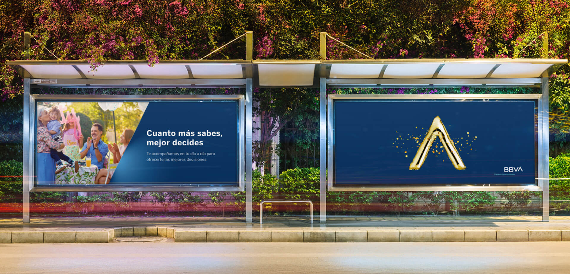 The image displays an advertisement for the Spanish multinational bank BBVA. The text on the billboards emphasizes making informed decisions and highlights the bank's services. 