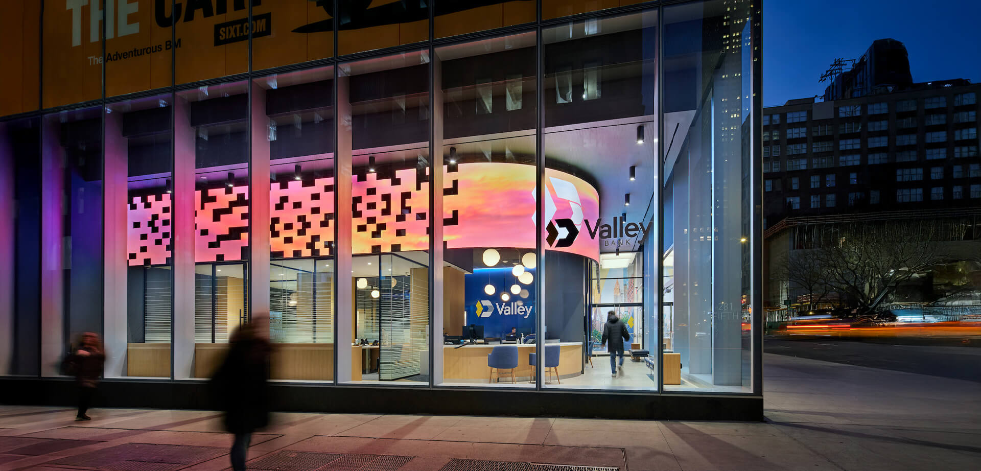A flagship branch of Valley Bank located in New York City. The branch is designed as a modern, digitally transformed space that aims to blend technology with personalized human service.