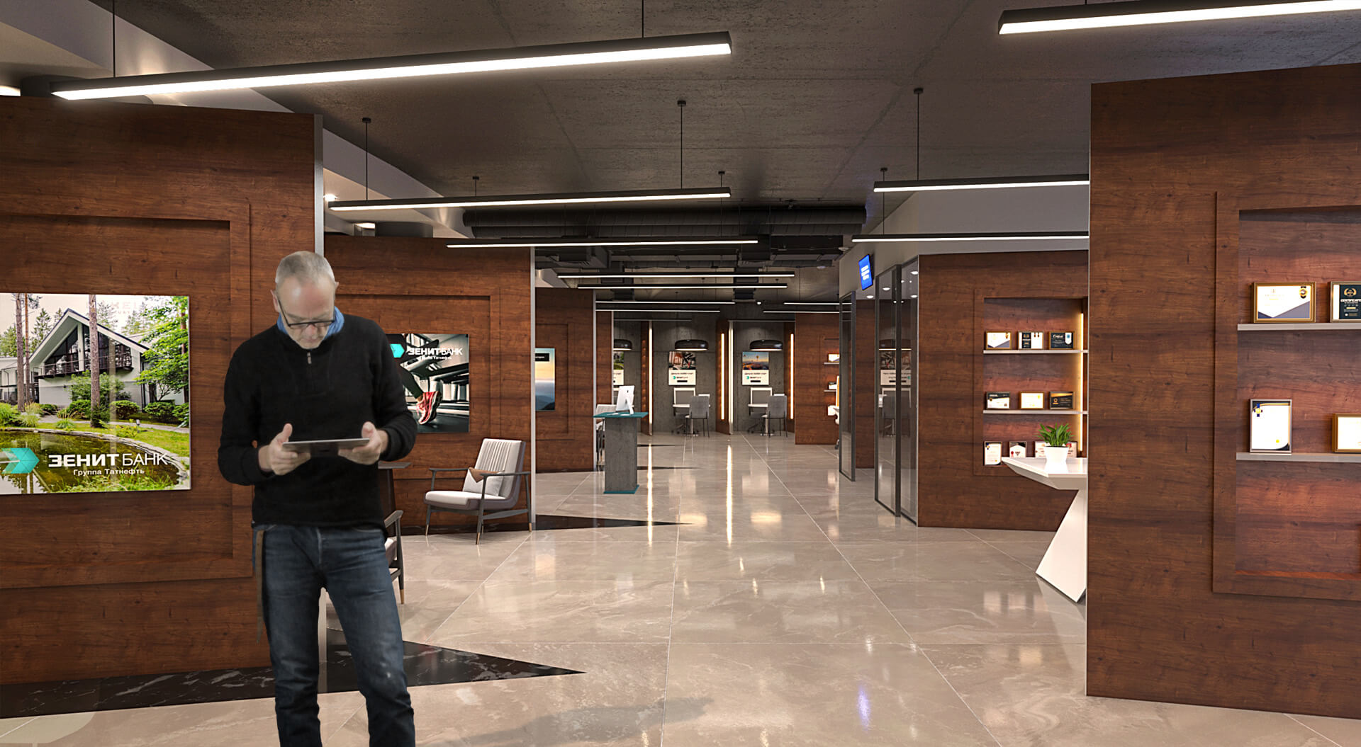 A contemporary interior design concept for a branch of the Russian financial institution Zenit Bank. The design aims to create a modern, inviting environment for customer interactions. 